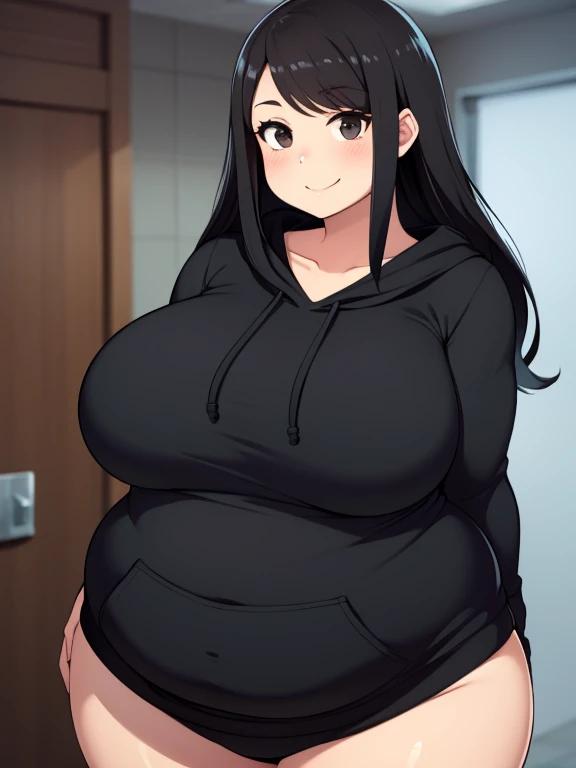 Plump black hair brown eyes year 21 big breasts chubby longer hair happy smile black hoodie
