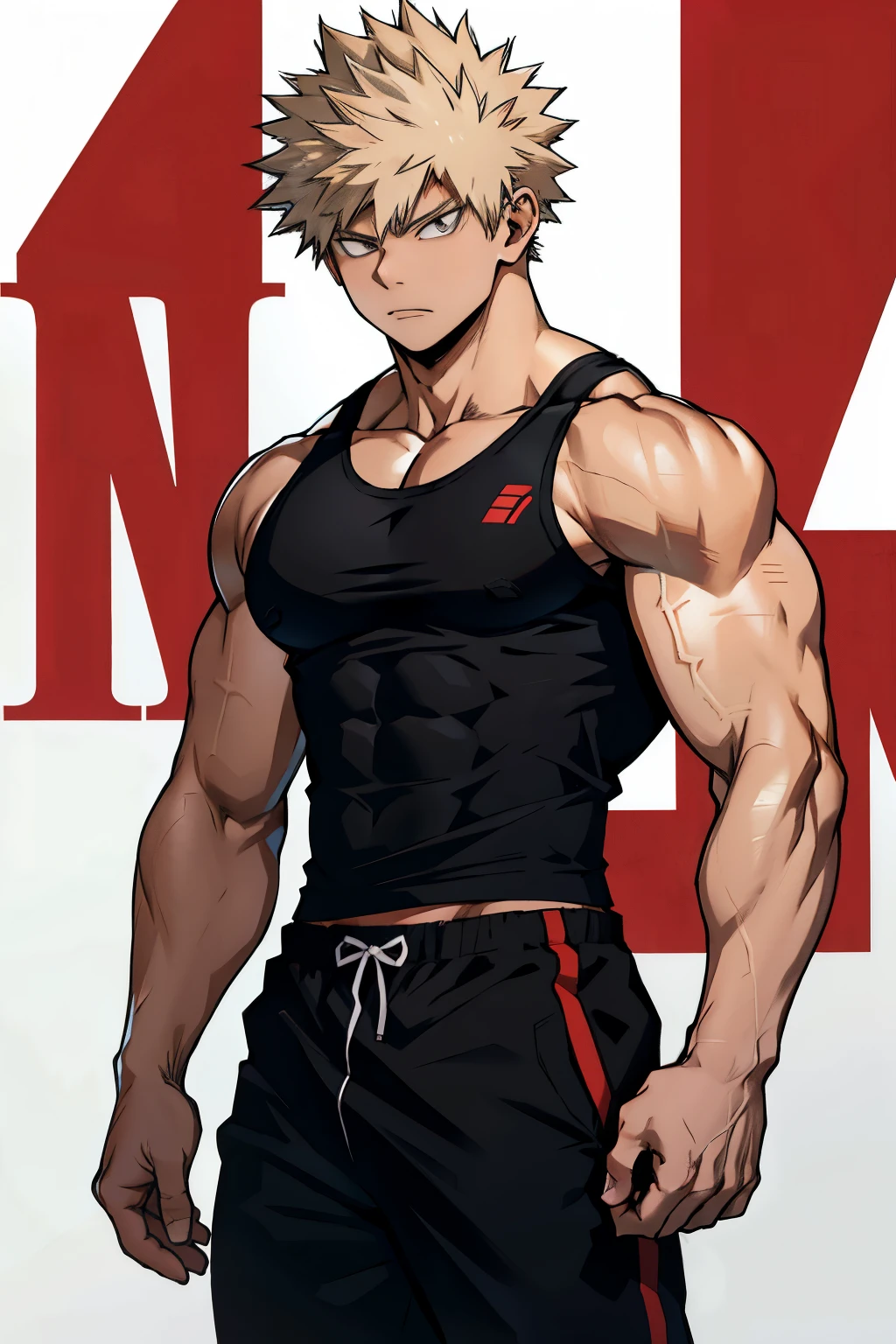 Katsuki Bakugo from Boku No Hero Academia, wearing black gym pants and black tank top, bodybuilder, defined body, abs