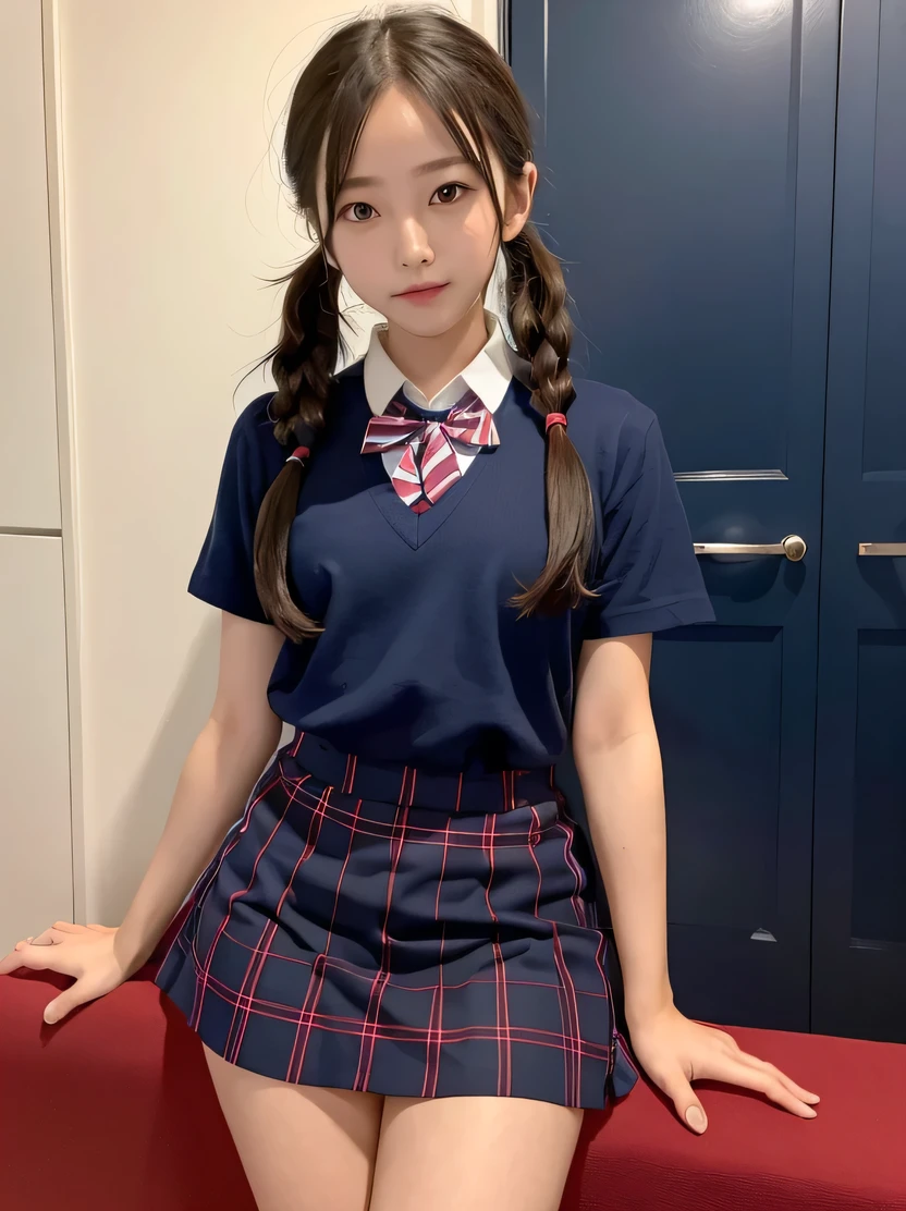 one person、one person、A  high school girl poses for a photo in a short-sleeved white sailor uniform、victory、Twin tails、Tsundere、masterpiece、High-level image quality、Sharp focus）、Navy blue shirt、Red tie、Navy and red checked mini skirt、cute、Japanese women、17 years olter、(Perfect tomy、Delicate and beautiful hands and feet)、Blue Wall,Small breasts、Nogizaka Idol、Slenure、sexy、I can see your thighs