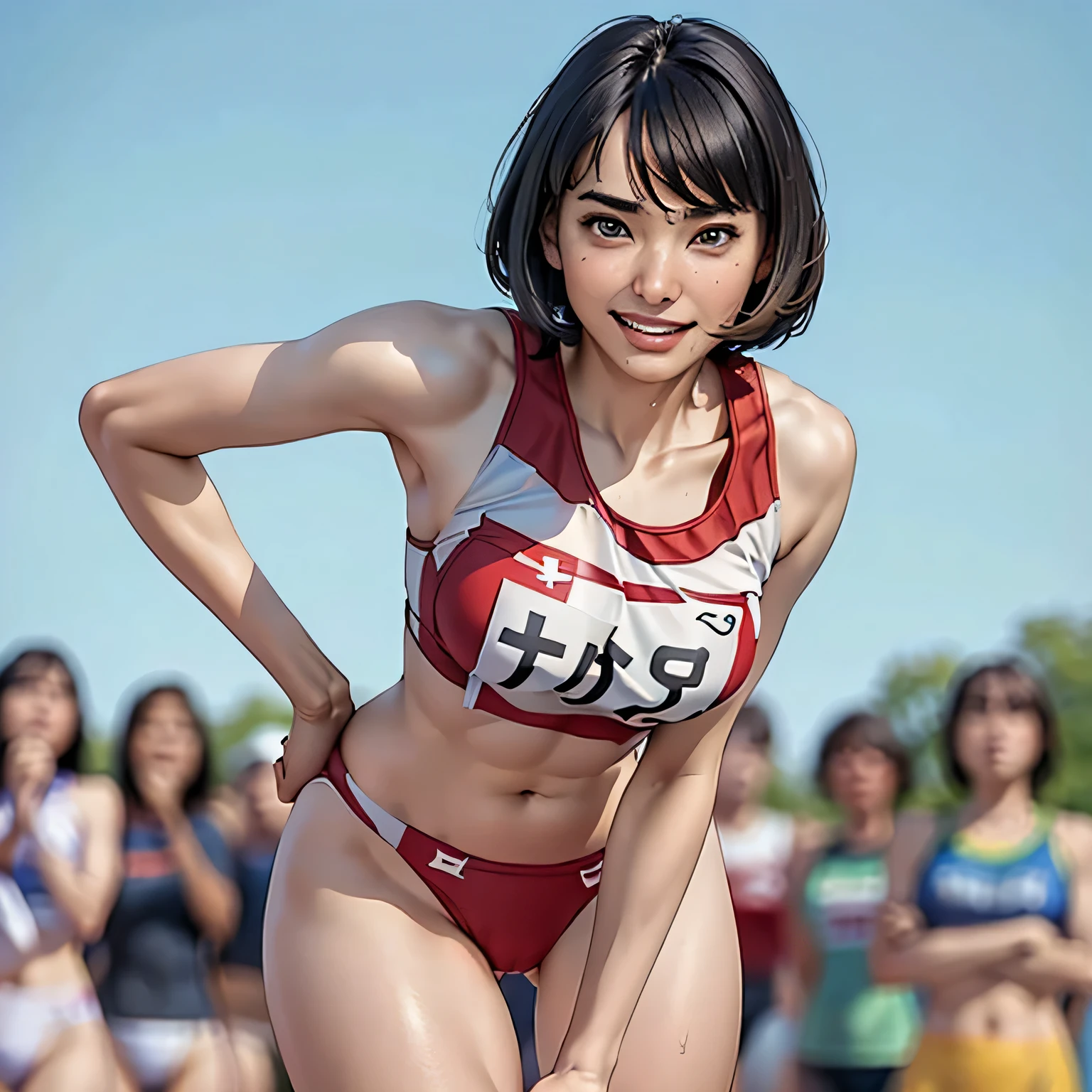 ((highest quality)), (be familiar with), (masterpiece:1.3), (Realistic, RAW Photos, highest quality:1.4), (Thin and beautiful fingers), Black Hair, Very Short Hair, Smile, (Large Breasts:1.2), Track and field athlete, ((Trying to take off your uniform))、(Sweat), covert photography, ((crotch peek)), ((Lower body close-up:1.3)), (Track and field course), (Angle from directly below:1.4), (full body)