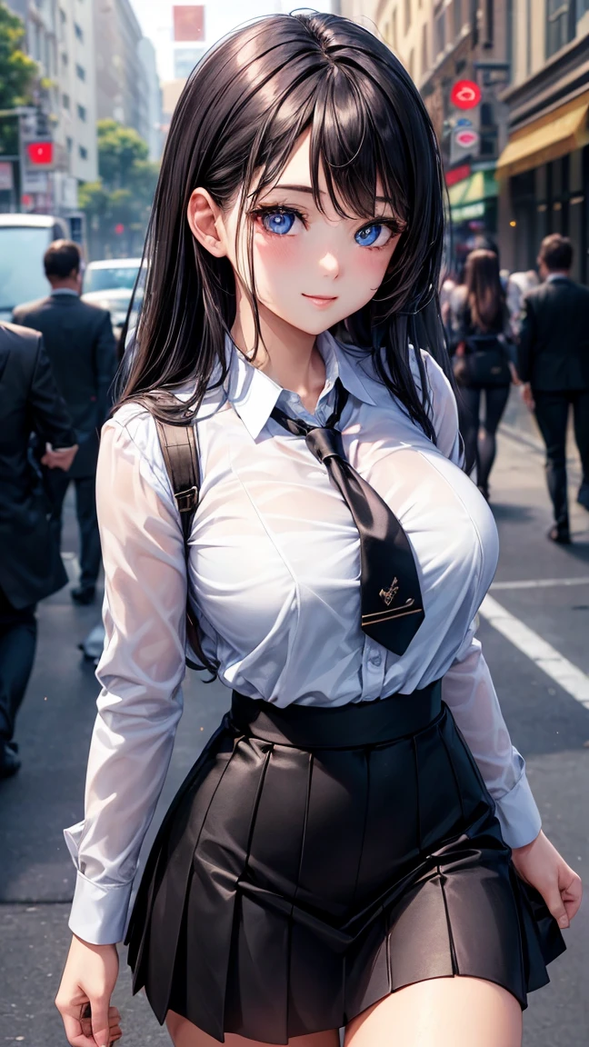 (best quality:1.3), (Complete details:1.5) , (Eye details:1.2), (Shadow details:1.2), (sharpness:4k), one young woman, College Girl, Very big breasts, Cup Bust:H, Student uniform, black short skirt, white shirt, Revealing the chest groove, bright blue eyes, sparkling eyes, brownish black hair, walking street background, wave hello, Smiling slightly, shy, long hair, cute, beautiful, Look at the audience., necktie, Black suit shirt, (Perfect hand detail:1.5), (brightness:1.3), (Masterpiece:1.5)