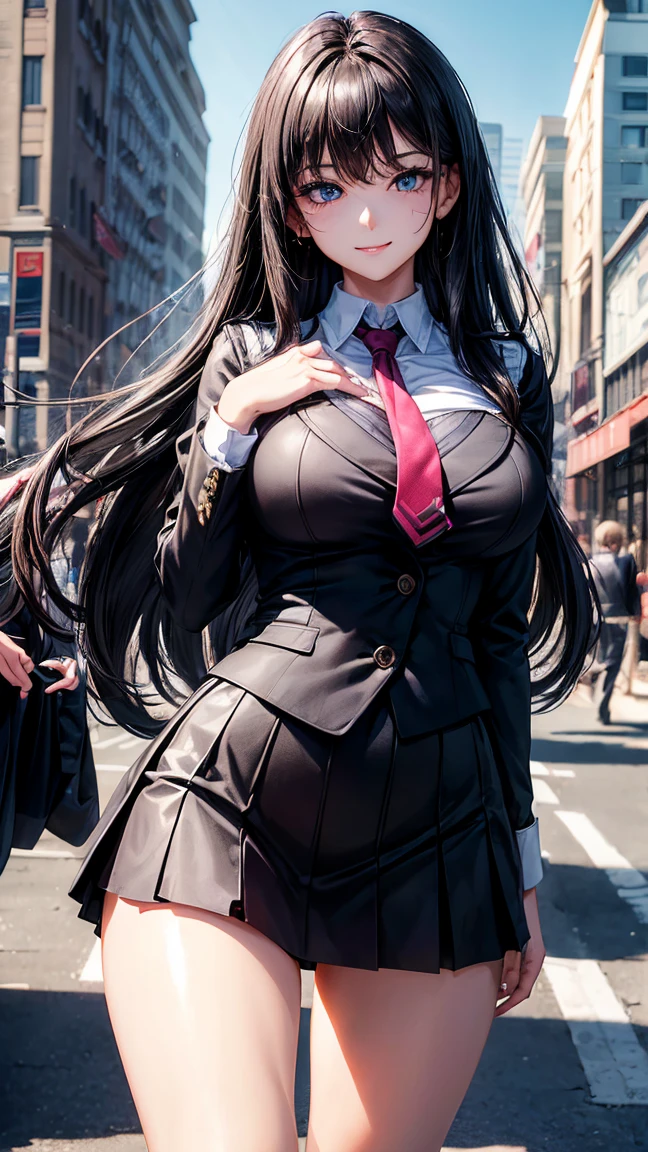 (best quality:1.3), (Complete details:1.5) , (Eye details:1.2), (Shadow details:1.2), (sharpness:4k), one young woman, College Girl, Very big breasts, Cup Bust:H, Student uniform, black short skirt, white shirt, Revealing the chest groove, bright blue eyes, sparkling eyes, brownish black hair, walking street background, wave hello, Smiling slightly, shy, long hair, cute, beautiful, Look at the audience., necktie, Black suit shirt, (Perfect hand detail:1.5), (brightness:1.3), (Masterpiece:1.5)