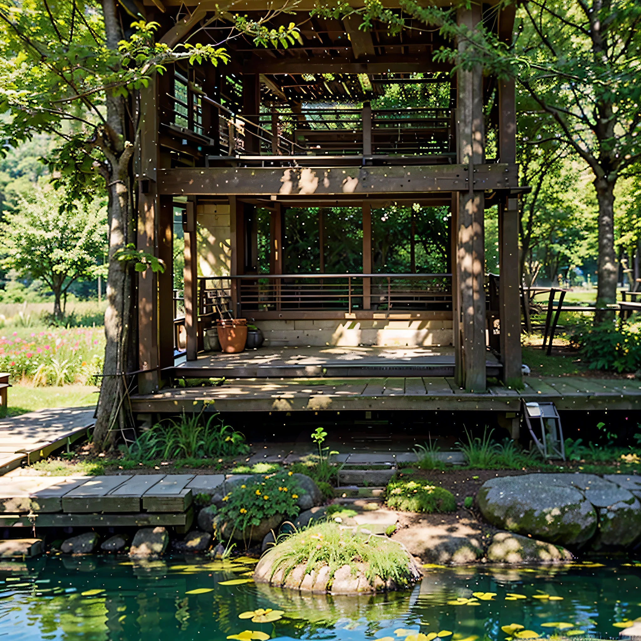 High quality full HD 4k an image of a serene natural environment within a public park under the bright sun. The scene depicts a lush green landscape with tall trees, their leaves gently swaying in the breeze. Birds soar across the clear blue sky while others perch on branches, chirping happily. Sunlight filters through the foliage, casting dappled shadows on the ground below. A tranquil pond sits at the center, reflecting the surrounding trees and the clear sky above. Colorful flowers bloom along the water's edge, adding splashes of vibrant hues to the scene. Be sure to capture the sense of peace and tranquility, emphasizing the beauty of nature in its purest form."