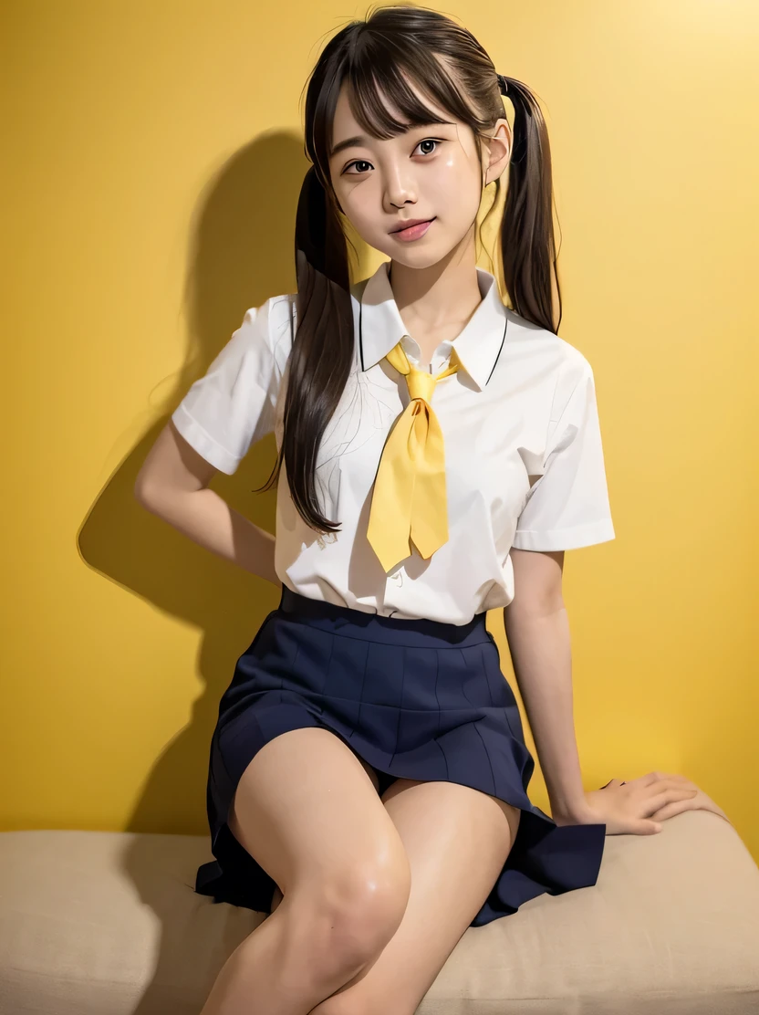 one person、one person、An 18-year-old high school girl poses for a photo in a short-sleeved white sailor uniform、victory、Twin tails、Tsundere、masterpiece、High-level image quality、Sharp focus)、Navy blue shirt、Red tie、Navy and red checked mini skirt、cute、Japanese women、、sexy、Laughter、(Perfect Anatomy、Delicate and beautiful hands and feet)、Yellow wall,Small breasts、Nogizaka Idol、Slender figure、sexy、I can see your thighs