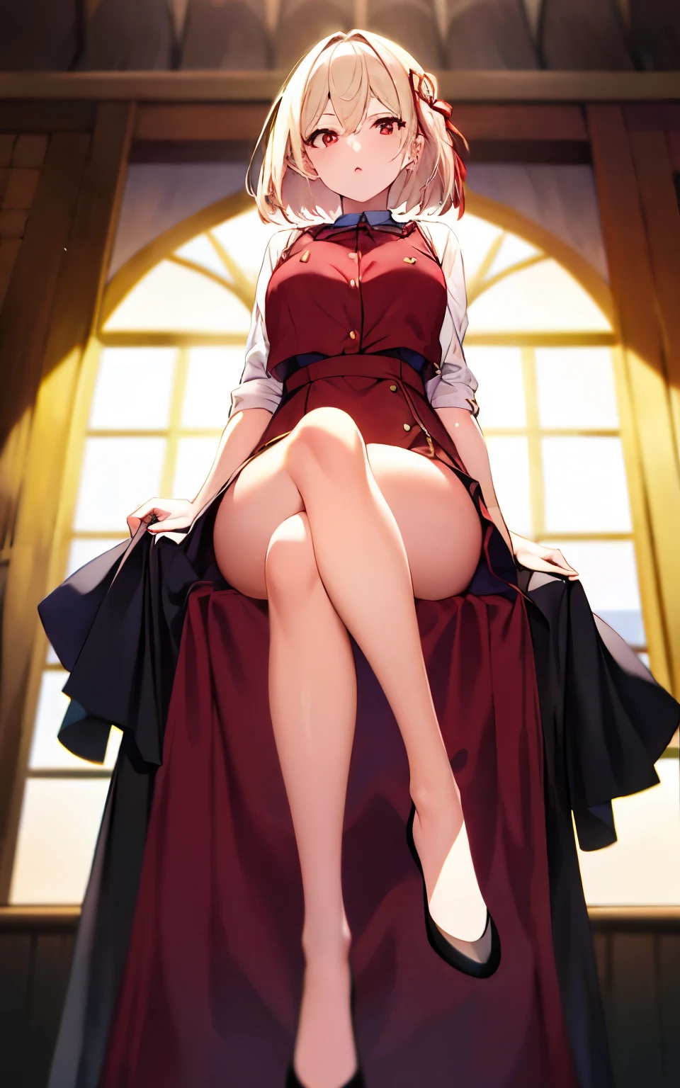 (top-quality)、​masterpiece、extremely delicate and beautiful、image from behind, tight pucy, astonishing、finely detail、huge filesize、ultra-detailliert、hight resolution、absurderes、 1girl in,  very slender legs、Long legs、very detailed legs、 [is standing|Sitting on a chair|sitting on|Butterflies sitting]、platinum-blonde,Medium Hair,Red-eyed,Senzoku Nishikiki,Lycoris Recoil