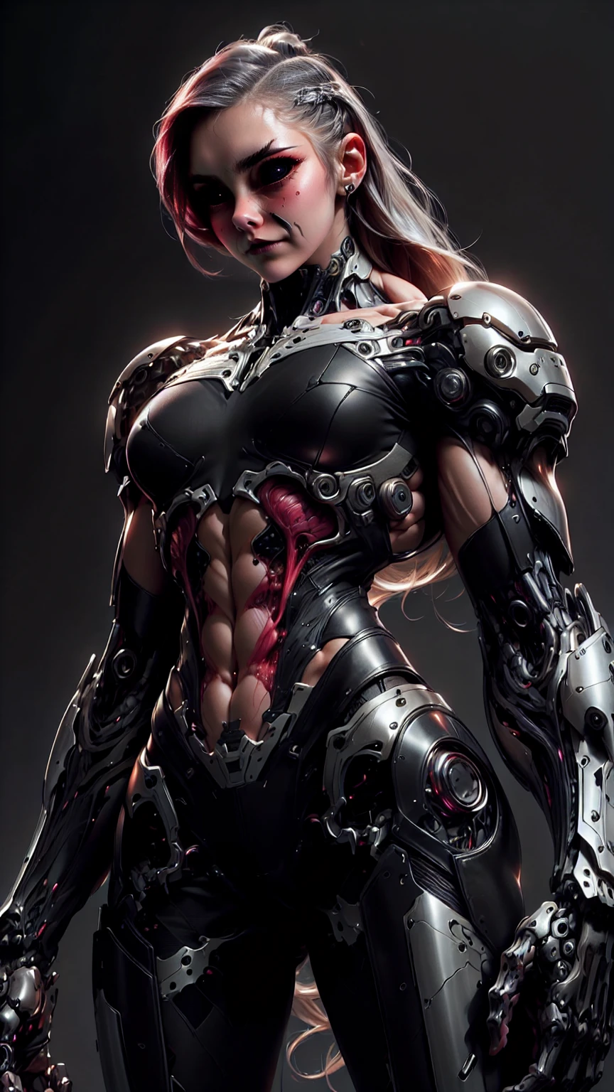 (1 girl), (cara delevingne), (muscular android girl wearing a black anatomic cybernetic muscle suit:1.25), (wide shoulders:1.25), (muscular defined physique:1.25), perfect hands, long hair, large breasts, high resolution image, extreme detail, blank background