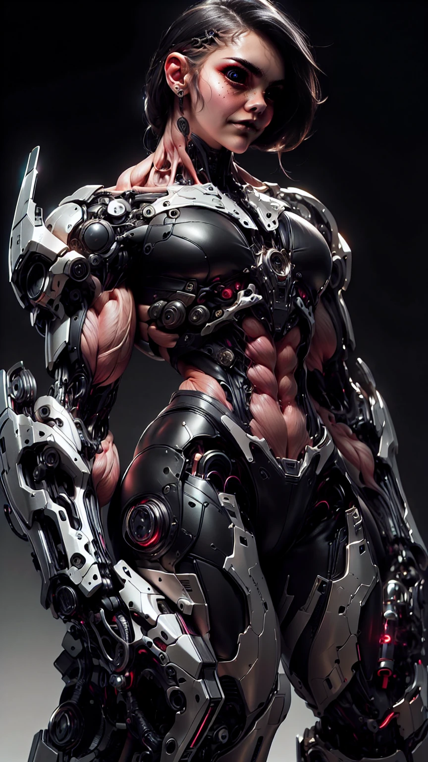 (1 girl), (cara delevingne), (muscular android girl wearing a black anatomic cybernetic muscle suit:1.25), (wide shoulders:1.25), (muscular defined physique:1.25), perfect hands, long hair, large breasts, high resolution image, extreme detail, blank background