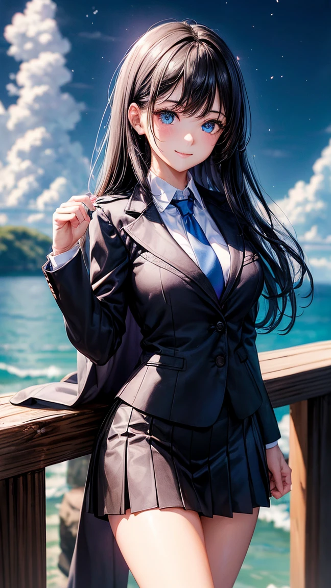 (best quality:1.3), (Complete details:1.5) , (Eye details:1.2), (Shadow details:1.2), (sharpness:4k), one young woman, College Girl, Very big breasts, Cup Bust:H, Student uniform, black short skirt, white shirt, Revealing the chest groove, bright blue eyes, sparkling eyes, brownish black hair, northern lights background, wave hello, Smiling slightly, shy, long hair, cute, beautiful, Look at the audience., necktie, Black suit shirt, (Perfect hand detail:1.5), (brightness:1.3), (Masterpiece:1.5)