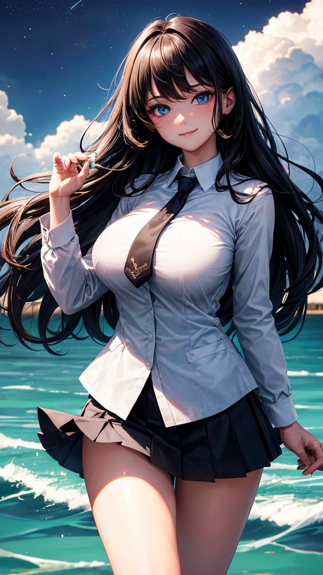 (best quality:1.3), (Complete details:1.5) , (Eye details:1.2), (Shadow details:1.2), (sharpness:4k), one young woman, College Girl, Very big breasts, Cup Bust:H, Student uniform, black short skirt, white shirt, Revealing the chest groove, bright blue eyes, sparkling eyes, brownish black hair, northern lights background, wave hello, Smiling slightly, shy, long hair, cute, beautiful, Look at the audience., necktie, Black suit shirt, (Perfect hand detail:1.5), (brightness:1.3), (Masterpiece:1.5)