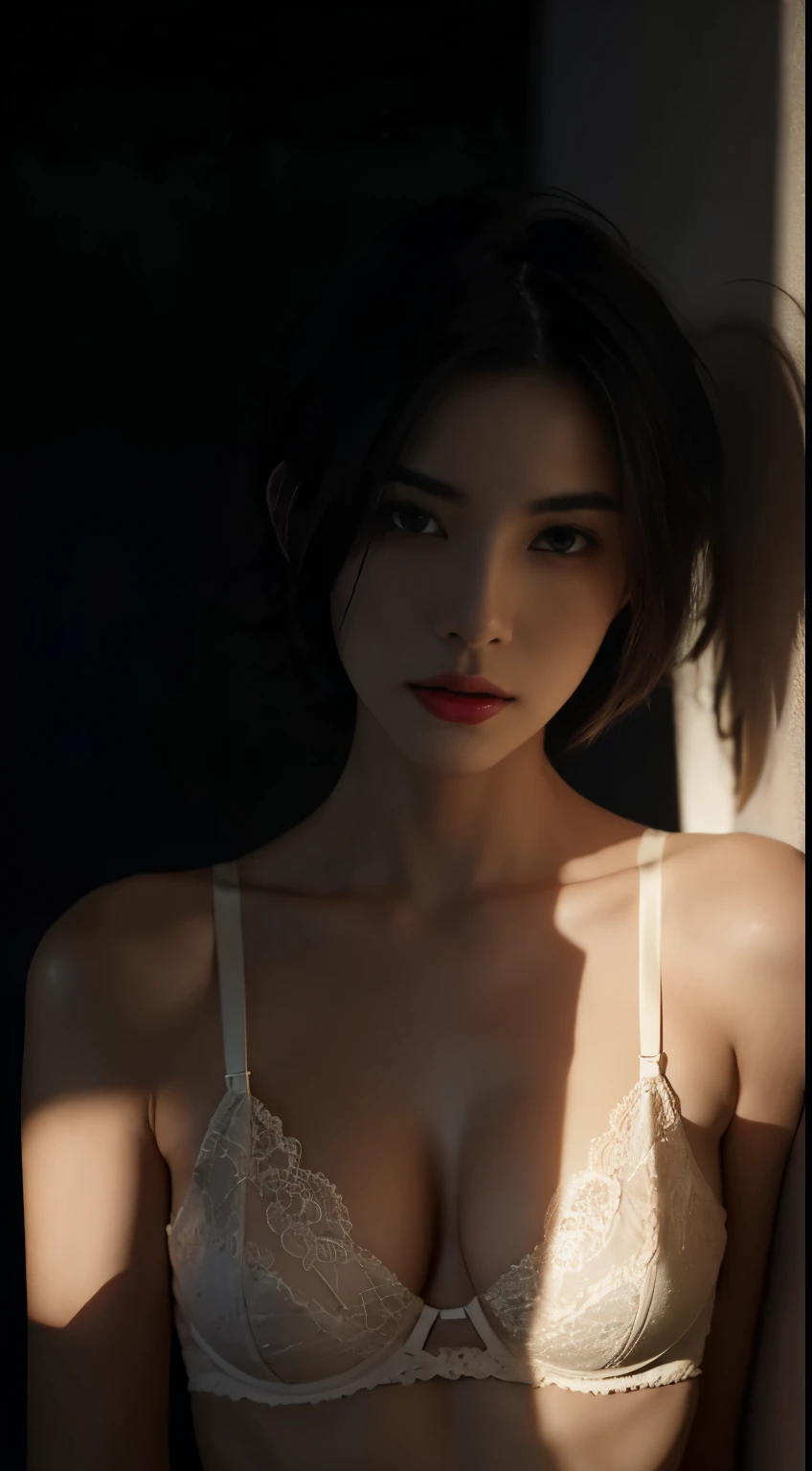 Best quality, masterpiece, ultra high res, (photorealistic:1.5), raw photo, 1girl,, in the dark, deep shadow, low key, cold light, sexy look, short hair, smooth , sexy , leaf shadow, seamless bra