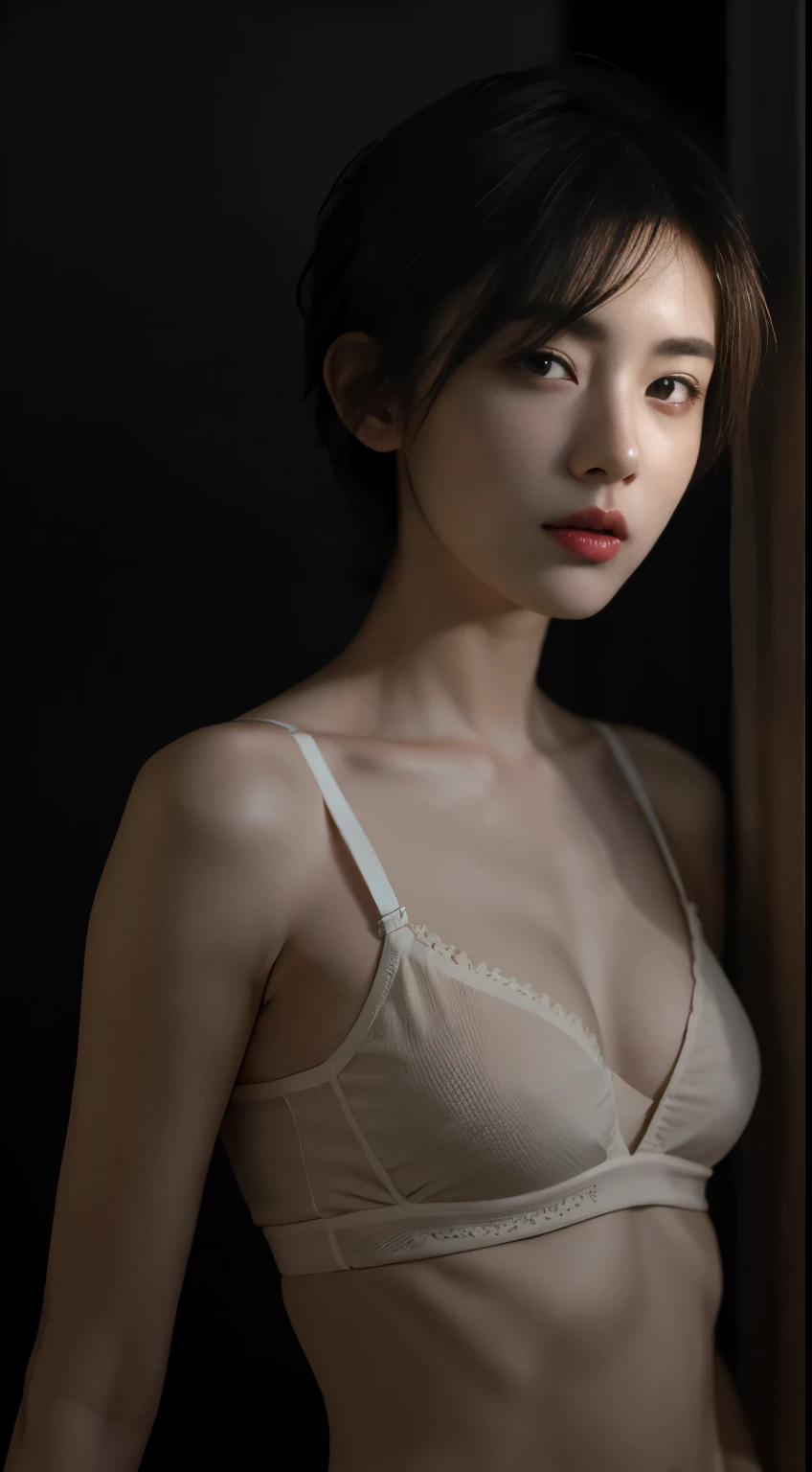 Best quality, masterpiece, ultra high res, (photorealistic:1.5), raw photo, 1girl, offshoulder, in the dark, deep shadow, low key, cold light, sexy look, short hair