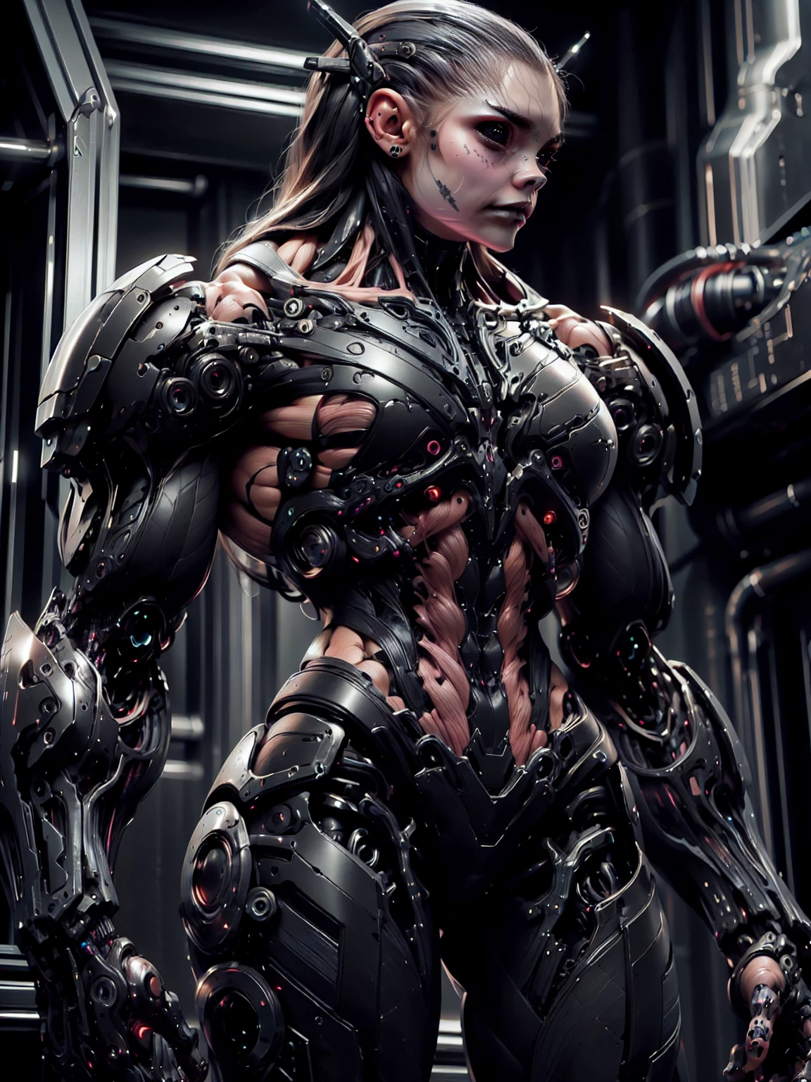(1 girl), (cara delevingne), (muscular android girl wearing a black anatomic cybernetic muscle suit:1.25), (wide shoulders:1.25), (muscular defined physique:1.25), perfect hands, long hair, large breasts, high resolution image, extreme detail, blank background