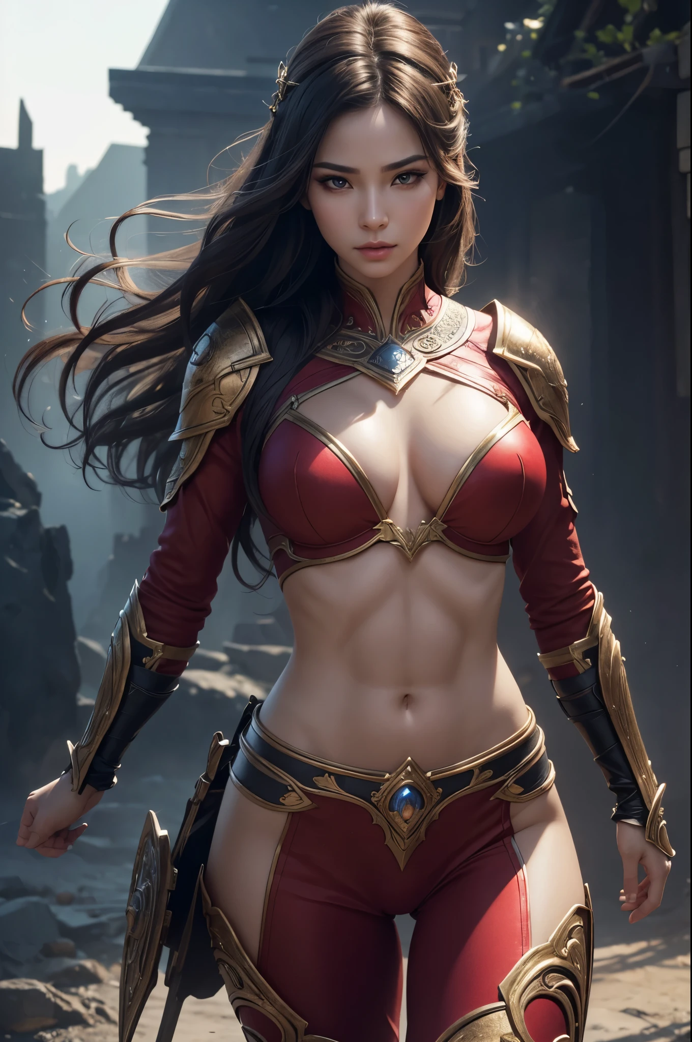 8k,Princess Warrior of the Battlefield,Luxurious chest armor,so beautiful(Like the real thing),Perfect Anatomy,charm,Volume measurement,Body balance,super Realistic skin,Digital single-lens reflex camera, Soft lighting, high quality, Highly detailed face, Highly detailed eyes, highly detailed skin, skin, Scattered under the surface, Highly detailed face, Highly detailed eyes, Lip, Detailed Background, Written boundary depth, Small breasts、Volumetric lighting, Sharp focus, Absurd, Realistic proportions, Excellent anatomy, (Realistic, 超Realistic:1.4), 16K HDR, dawn,A High Resolution,super Realistic skin,Super beautiful expression,Fantasy art,Character Art,Wind effects:1.9、Cloud Effect:1.2、Full Rendering、Professional quality high resolution、Perfect contrast、Perfect lighting、Perfect composition、完璧なskin、Perfect Fingers、Perfect breasts、Perfect Hair、Perfect Face、Realistic facial features,超最high quality,Slim figure,Perfect body line,Perfect hand shape,Anatomical body balance,Highly detailed face,Highly detailed eyes,Beautiful Lips,Excellent light particles,Cinema Lighting,Makeup,Ultra-high resolution,超リアルなskin,Close-up of Princess Warrior,Dynamic pose,Hard and strong abs,Makeup,BATTLE MODE,Fighting Pose,red combat pants,
