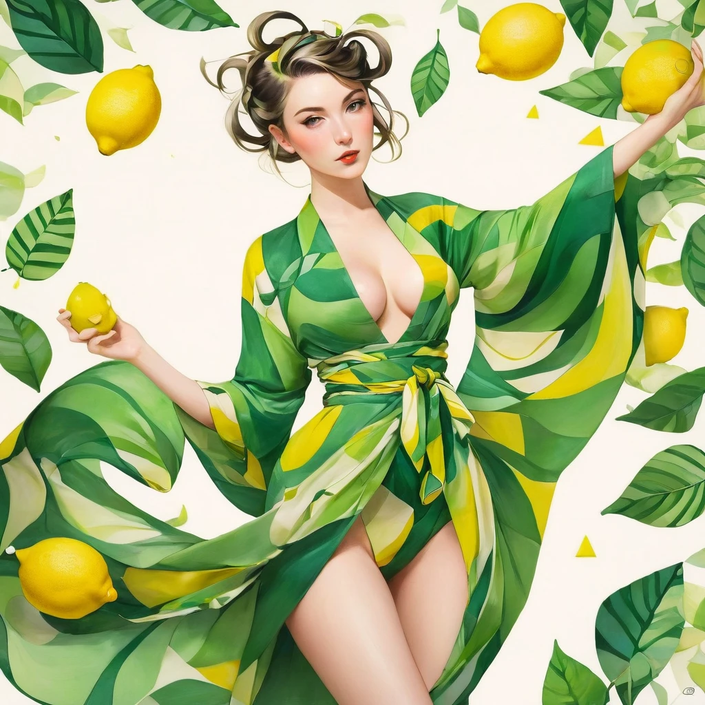 Elf female, feminine look, sexy hair, green outfit, leaves around body, swirling air movement, wide angle, full body view, loose fabric, geometric shapes, small breasts, lemon pattern kimono, rated R, up-do hair, Bauhaus, geometric shapes