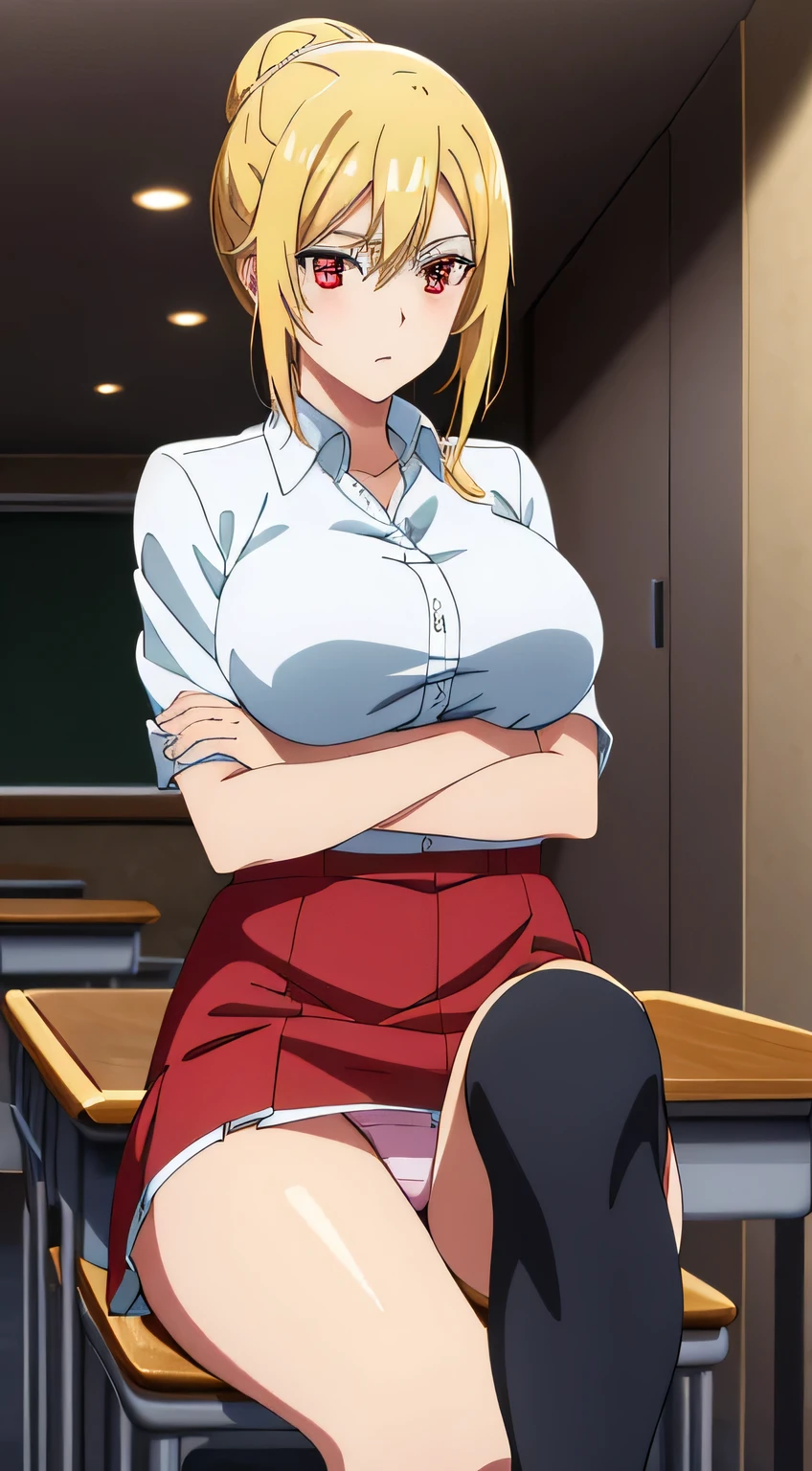 best quality, high resolution, 8K, anime art style, beautiful detailed eyes, extremely detailed face, soft expression, stylish pose, Angelica V4,1girl,solo,red eyes, (collared shirt, white shirt, miniskirt, panties,classroom, cowboy shot), looking at the audience, in the center of the image, beautiful large medium-sized breasts, beautiful face, slim waist, appealing, soft lighting,Crossing your legs, Sitting,tights