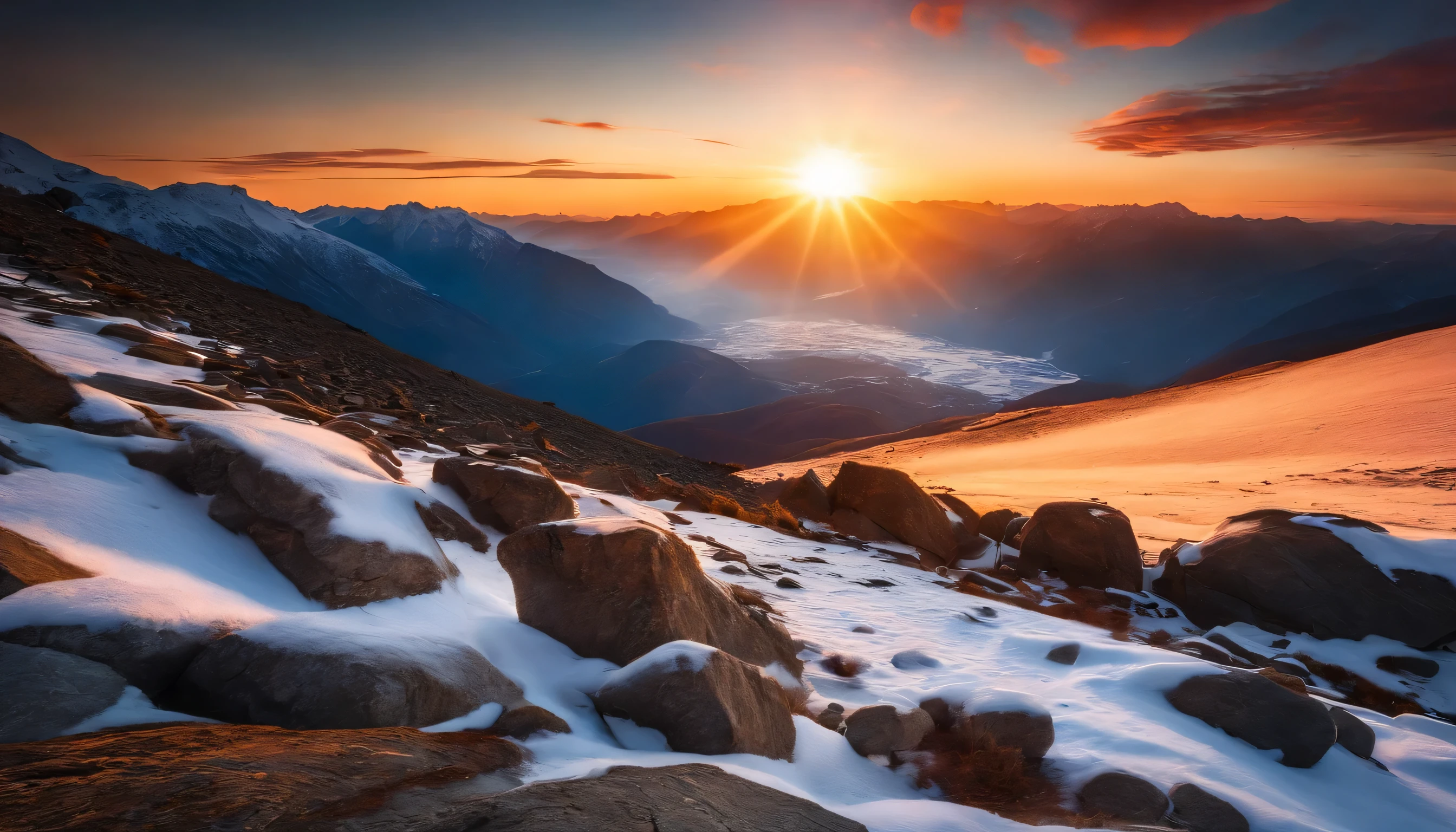 ES OTRO MUNDO, UN PLANETA LEJANO, EXTRATERRESTRE, VIBRANT AND DRAMATIC SUNSET, SCENE WITH EXUBERANT SHARPNESS AND DEFINITION, AMONG THE STEEP AND INTRINSIC MOUNTAINS WITH SHARP ROCKS WITH SNOW AND ICE, THE CLEAR AND COLD SKY HAS CLOUDS DESTROYED BY THE FREEZING WIND FROM THE POLE, IMAGEN HIPER REALISTA, maximum depth of field, HIGHEST HDR RESOLUTION, UHDE, 4K, EXTREME SHARPNESS AND DEFINITION, Professional cinematographic lighting, PERSPECTIVA PERFECTA COLORES VIBRANTES