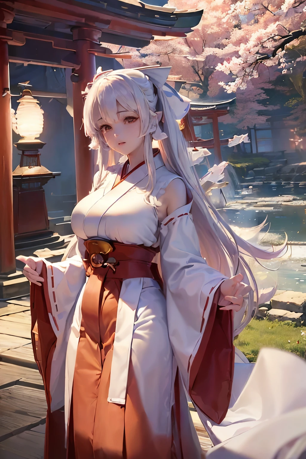 (masterpiece, best quality, realistic,Every detail,dutch angle):1.5(1girl, solo,Upper body image)(medium breasts, white hair, aqua eyes)(shrine maiden、White shrine maiden outfit、Long red hakama:1.4)(standing,Model-like pose, floating hair)(Japanese Shrines、Cherry tree、Cherry blossom petals、Fantastic landscape)
