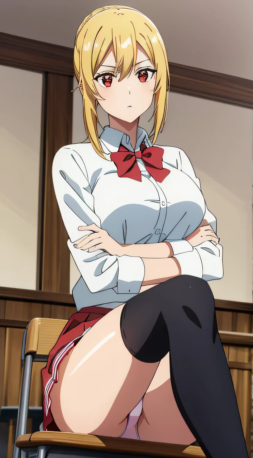 best quality, high resolution, 8K, anime art style, beautiful detailed eyes, extremely detailed face, soft expression, stylish pose, Angelica V4,1girl,solo,red eyes, (collared shirt, white shirt, miniskirt, panties,classroom, cowboy shot), looking at the audience, in the center of the image, beautiful large medium-sized breasts, beautiful face, slim waist, appealing, soft lighting,Crossing your legs, Sitting,tights