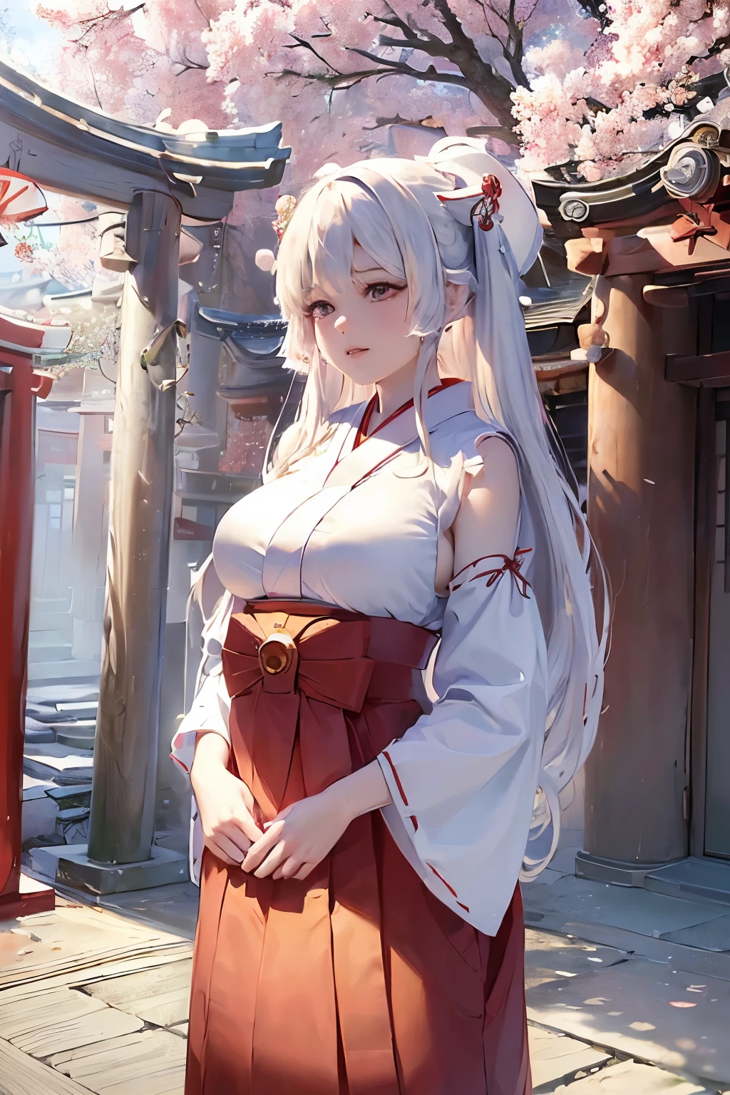 (masterpiece, best quality, realistic,Every detail,dutch angle):1.5(1girl, solo,Upper body image)(medium breasts, white hair, aqua eyes)(shrine maiden、White shrine maiden outfit、Long red hakama:1.4)(standing,Model-like pose, floating hair)(Japanese Shrines、Cherry tree、Cherry blossom petals、Fantastic landscape)
