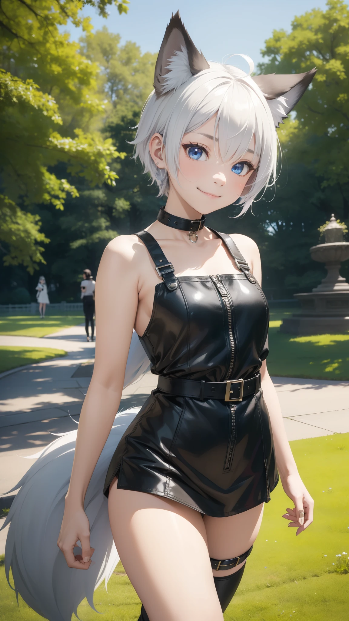 Masterpiece, wide smile, couple, 2others, boyish girl with short (white hair), (half shaved hair style), (happy face expression), ((has wolf ears, has wolf tail)), (wearing a tunic with a leather harness), (chocker, collar), thick thighs, wide hips, solo, alone, no wolves, has glowing blue eyes, flat chest, Comics, fantasia, sfw, central park, walking, park background