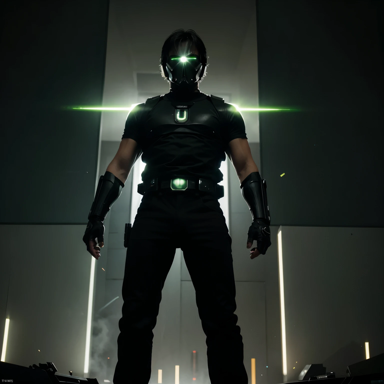 a 3 screened computer monitor as a head, his core is green, he has a keyboard on his arm and a blaster on the other arm, he wears a white blazer with a black t-shirt, he also wears black trousers and black shoes. He has a green and black jetpack, he has thrusters on the back of his lower leg and thrusters on the back of his lower arms, he has a laser cannon in the center of his palms engraved in his hands, it can shoot powerful green death lasers. He has black armor on his lower leg, he also ha black armor on his chest, he also has a photon shield that he can activate to protect his screens at any given moment, he also has rocket blasters on the back of his screens which can extend up and out and also aim at the enemy, he can also change his modes, his modes including:
Attack
Anger
Sadness
Happiness
Calm
Bored
Impatient
Patient
Aggressive.
He also can shoot green photon balls out of the blaster he has on his right arm, he stands at around 350 feet tall, he can create clones of himself but smaller and weaker