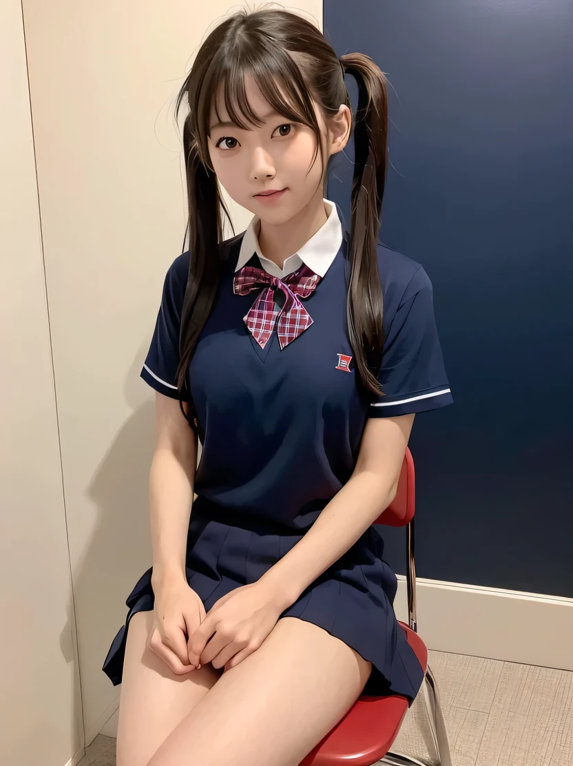 one person、one person、A 17-year-old high school girl poses for a photo in a short-sleeved white sailor uniform、victory、Twin tails、Tsundere、masterpiece、High-level image quality、Sharp focus）、Navy blue shirt、Red tie、Navy and red checked mini skirt、cute、Japanese women、、sexy、Laughter、(Perfect Anatomy、Delicate and beautiful hands and feet)、Blue Wall,Small breasts、Nogizaka Idol、Slender figure、sexy、I can see your thighs、Sitting in a chair、