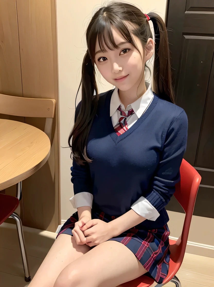 one person、one person、A 17-year-old high school girl poses for a photo in a short-sleeved white sailor uniform、victory、Twin tails、Tsundere、masterpiece、High-level image quality、Sharp focus）、Navy blue shirt、Red tie、Navy and red checked mini skirt、cute、Japanese women、17 years old、sexy、Laughter、(Perfect Anatomy、Delicate and beautiful hands and feet)、Blue Wall,Small breasts、Nogizaka Idol、Slender figure、sexy、I can see your thighs、Sitting in a chair、
