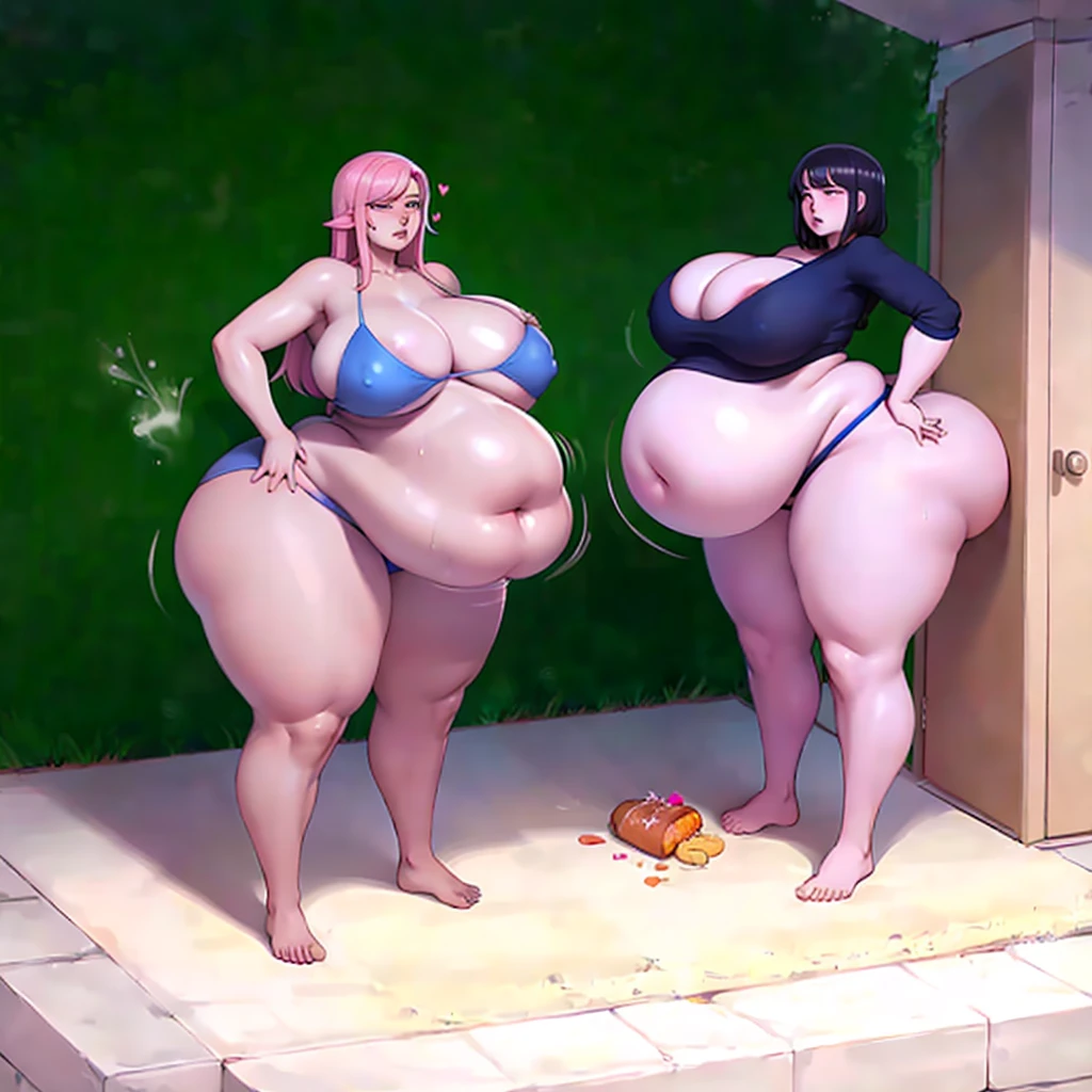 A young woman in a bikini, massive bloated overstuffed heavy protruding bulging obese round belly, hyper massive obese tall wide round heart shaped bubble butt, wide fat hips, massive fat round breasts, deep long cleavage, so full it hurts, gurgling belly, sloshing belly, distended belly, churning belly, it hurts being so full but it feel so good, squishy belly, bellies squished together, squished together, shes upset her friend isnt as fat as her, shes making her obese, wide stance, struggling to stand, deep navel, juicy fat ass, food baby, splayed legs, surrounded by food,