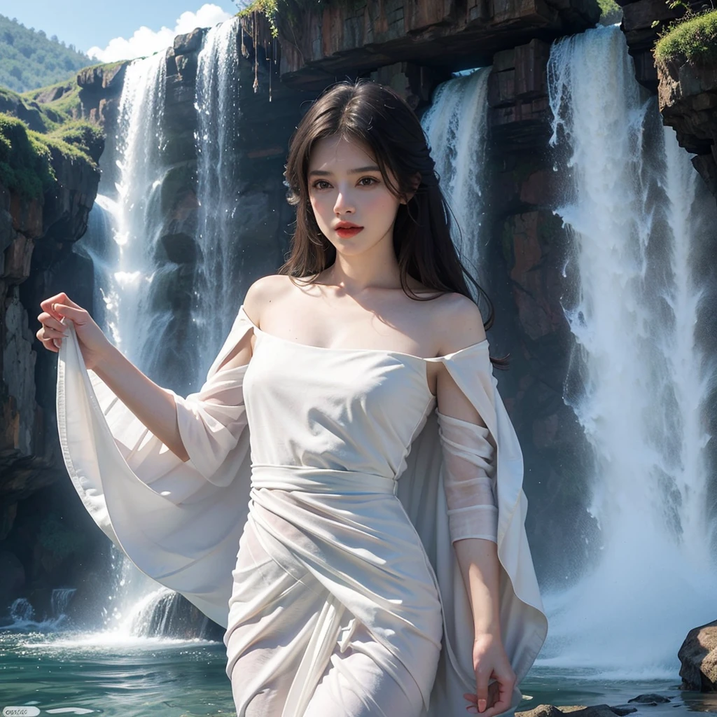 Painting of a woman in a white dress, standing in front of a waterfall, фотореалистичная картина Грега Hildebrandtа, Pinterest, fantasy art, with waterfalls, with waterfall, you were wrong, current white robes, draped in current fabric, current, Swimming in the waterfall, Michael Whelan and Carol Buck, beautiful current feeling, Hildebrandt, greg Hildebrandt highly detailed