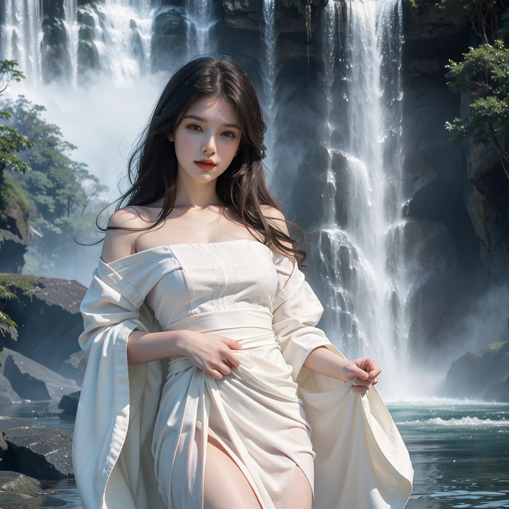 Painting of a woman in a white dress, standing in front of a waterfall, фотореалистичная картина Грега Hildebrandtа, Pinterest, fantasy art, with waterfalls, with waterfall, you were wrong, current white robes, draped in current fabric, current, Swimming in the waterfall, Michael Whelan and Carol Buck, beautiful current feeling, Hildebrandt, greg Hildebrandt highly detailed