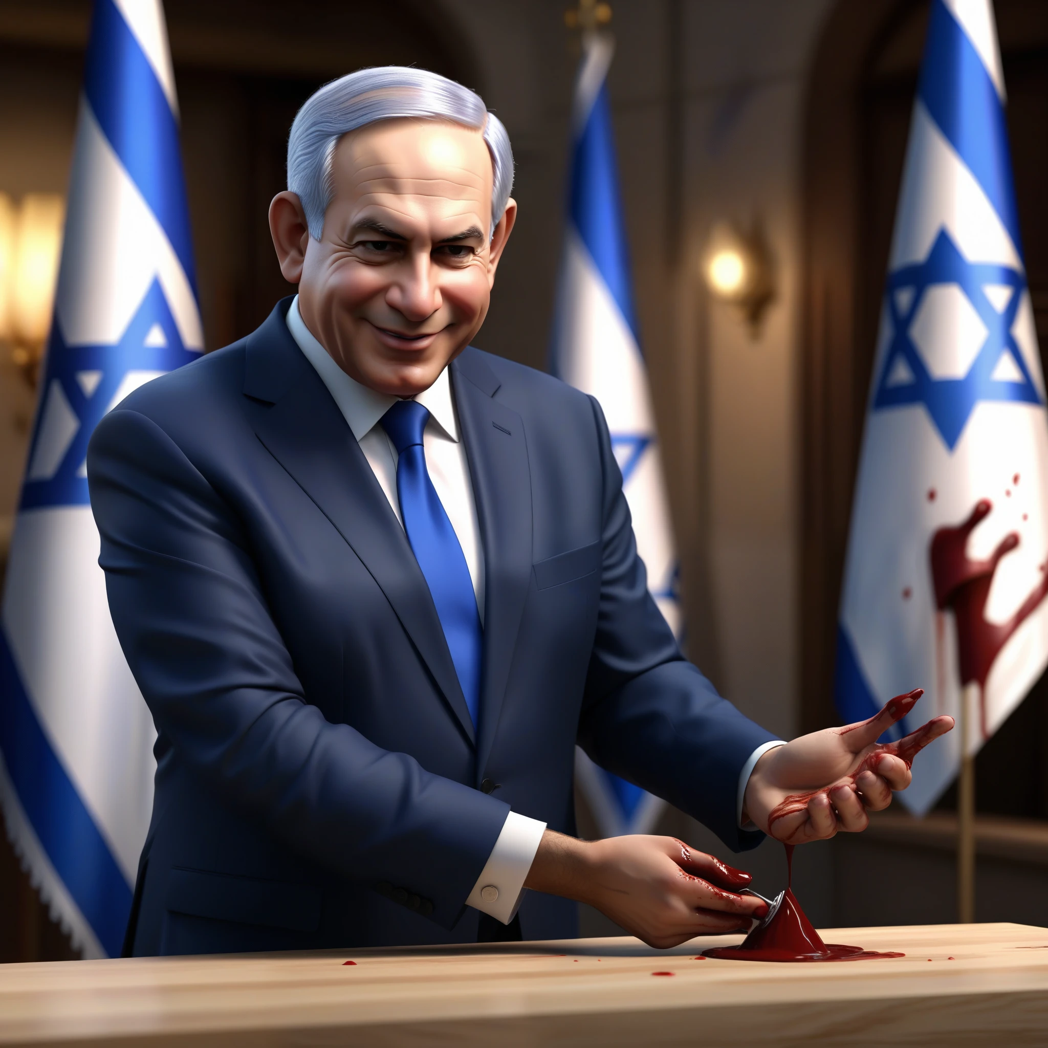 (masterpiece:1.2) (photorealistic:1.2) (bokeh) (best quality) (detailed skin) (intricate details) (8k) (high poly) (ray tracing) (cinematic lighting) (sharp focus),( full body:1.2), (half body:1.2) The truth of clean smiling Benjamin Netanyahu (trying to wipe blood from his hands:1.4), (malevolence:1.2) Israel flags
