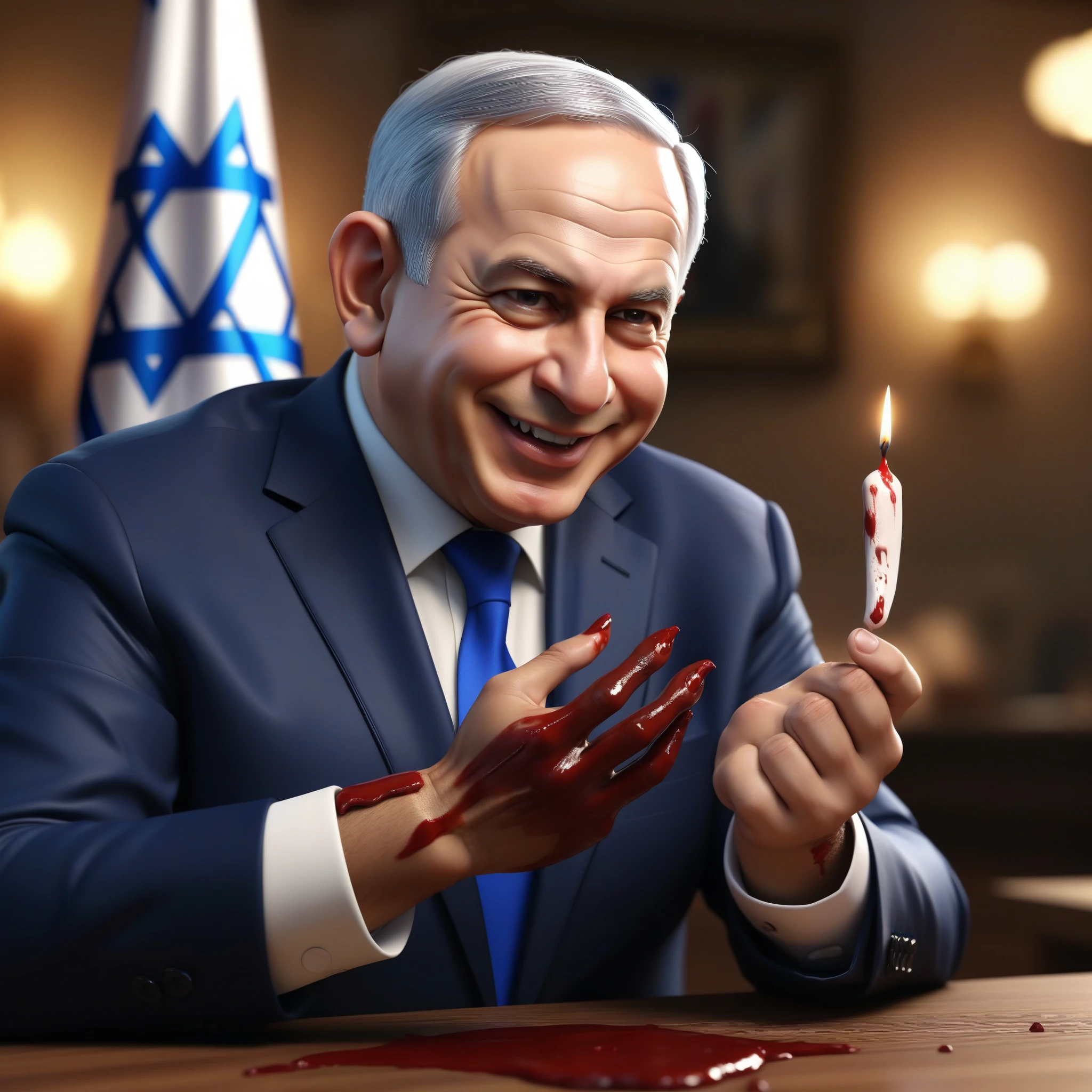 (masterpiece:1.2) (photorealistic:1.2) (bokeh) (best quality) (detailed skin) (intricate details) (8k) (high poly) (ray tracing) (cinematic lighting) (sharp focus),( full body:1.2), (half body:1.2) The truth of clean smiling Benjamin Netanyahu (trying to wipe blood from his hands:1.4), (malevolence:1.2) Israel flags