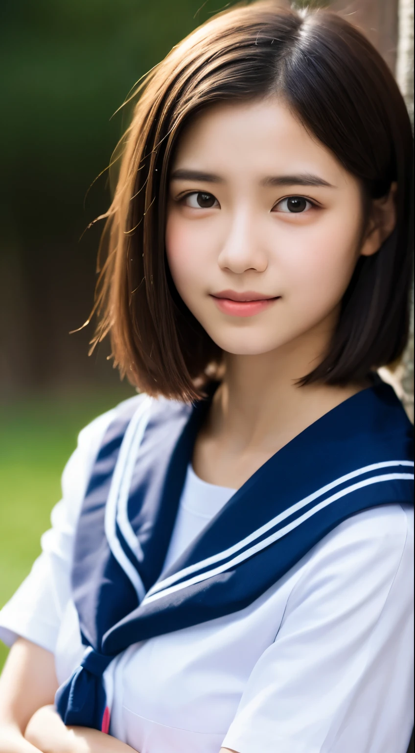 masutepiece, Best Quality, 8K, 8ars old, Teen, Raw photo, absurderes, award winning portrait, Smile, Solo, Idol face, Delicate girl, Upper body, Digital SLR, Looking at Viewer, Candid, Sophisticated,Thin arms, Professional Lighting, Film grain, chromatic abberation, (Eyes and faces with detailed:1.0), (Bokeh:1.1) , (Sailor Uniform:1.1) , closes mouth , A dark-haired , drooing eyes , large full breasts , (Thick lip:1.2) , 15ear facePink lips , de pele branca , Flushed cheeks , Short hair