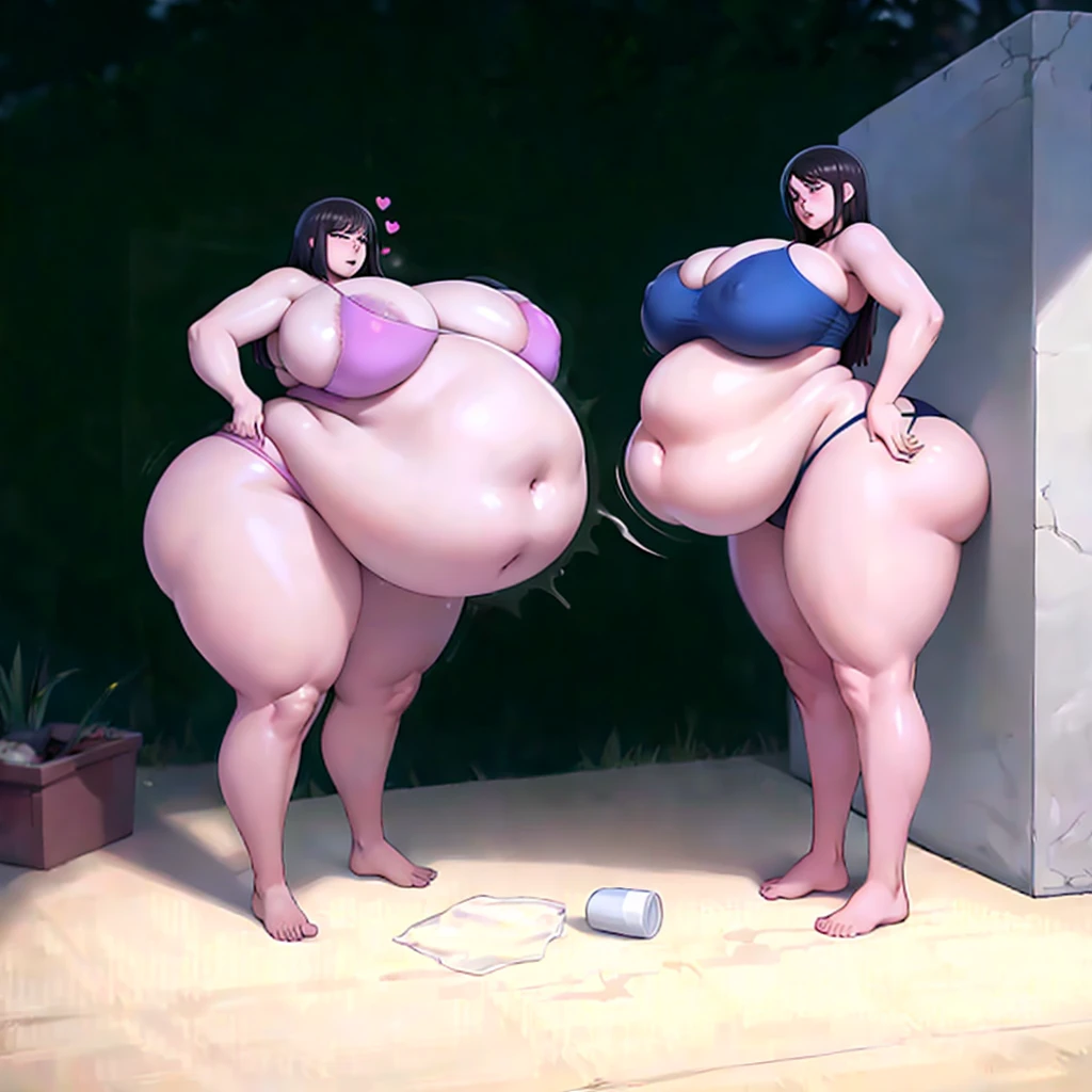 A young woman in a bikini, massive bloated overstuffed heavy protruding bulging obese round belly, hyper massive obese tall wide round heart shaped bubble butt, wide fat hips, massive fat round breasts, deep long cleavage, so full it hurts, gurgling belly, sloshing belly, distended belly, churning belly, it hurts being so full but it feel so good, squishy belly, bellies squished together, squished together, shes upset her friend isnt as fat as her, shes making her obese, wide stance, struggling to stand, deep navel, juicy fat ass, massive food baby, trying to hold up obese belly