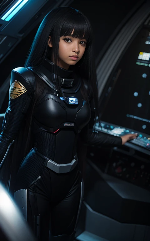 Anime, fundo interior de uma nave espacial, uma mulher negra, cabelo curto, about 20 years old is near the control booth, olhando para a camera, with tablet in hand, is wearing a space suit. 