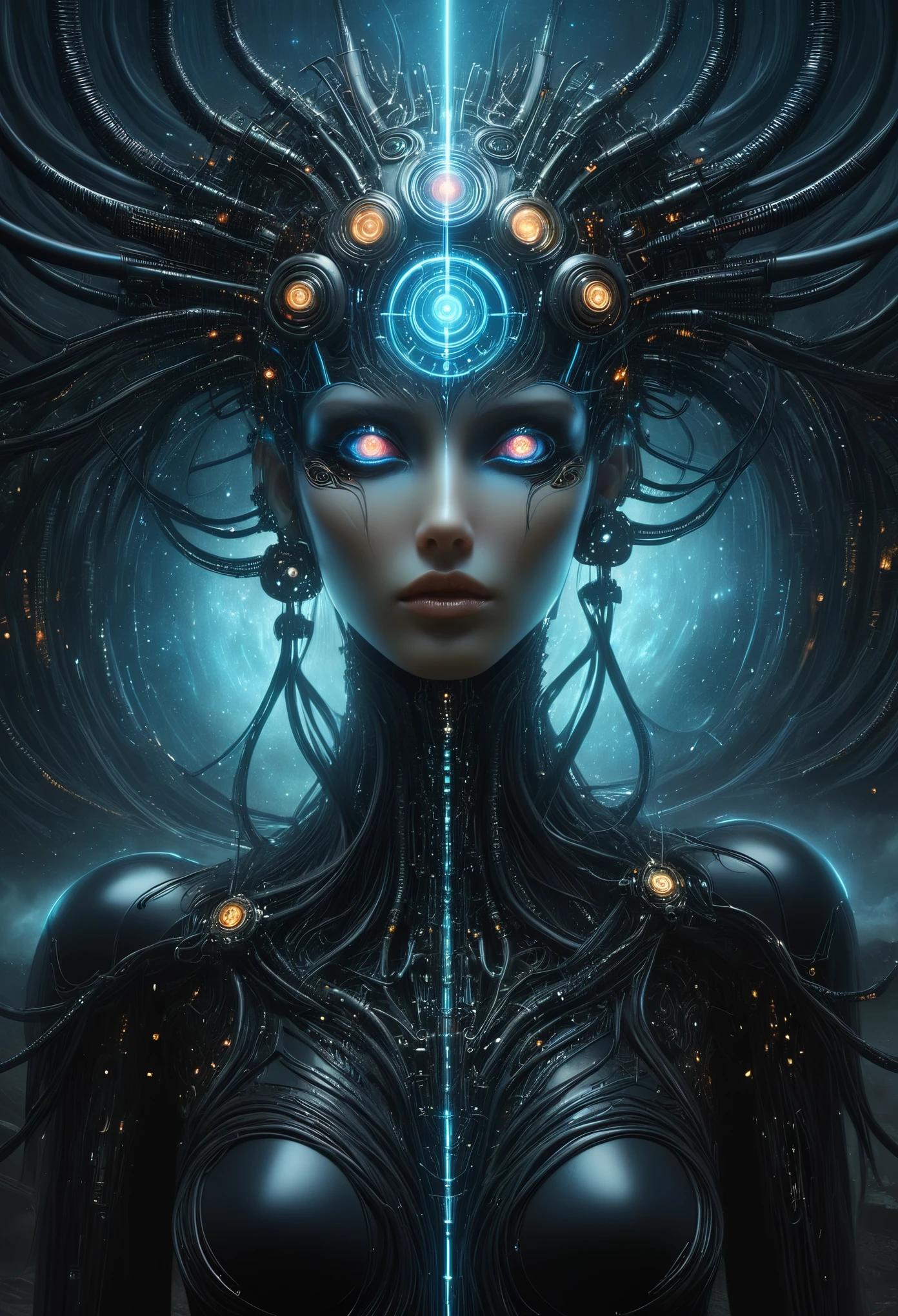 The prompt for the given theme is: "black color, ram's head, Death's scythe, infernal horror, overlooking, tattered clothes, downward gaze, illustrations, highres, ultra-detailed, dark fantasy, sharp focus, vivid colors, dramatic lighting, bokeh". female robot pilot, mechanical creature, electronic wires relays computer nerves, girl face, dystopian surrealism, alex ries zdzisaw beksinski giger, very intricate details, demon chinese female, deep luminous eyes contain galaxies, head contains nebula, deep aesthetic, concept art, carved silver circuits diodes resistors semiconductors, highly ornate.