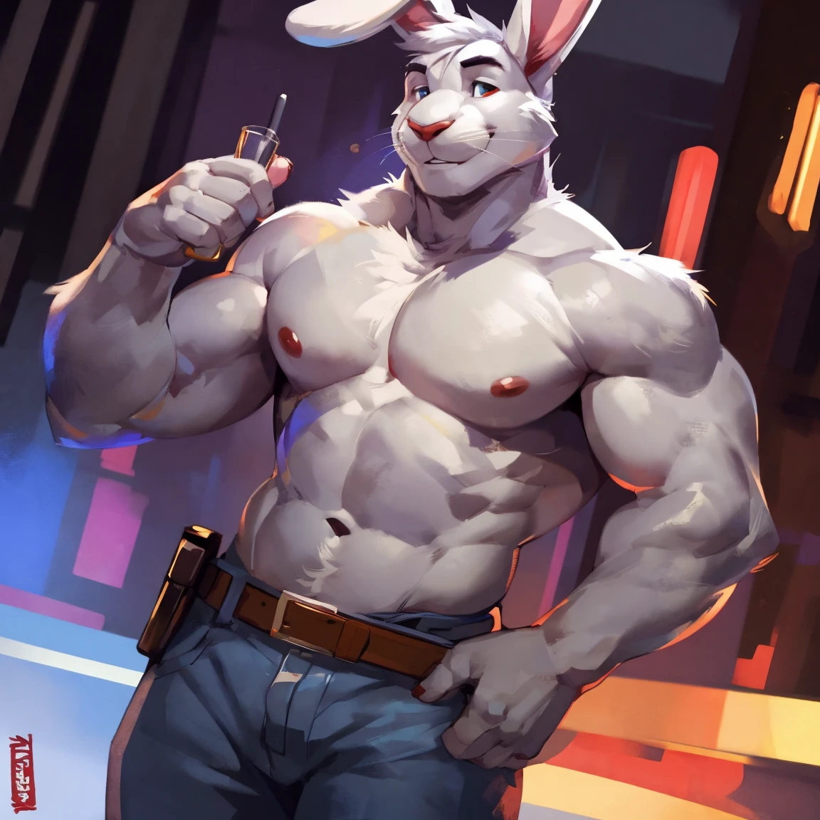 Handsome rabbit, light gray, light gray rabbit, solo, without hair, shirtless, in jeans with belt, By mystikfox61