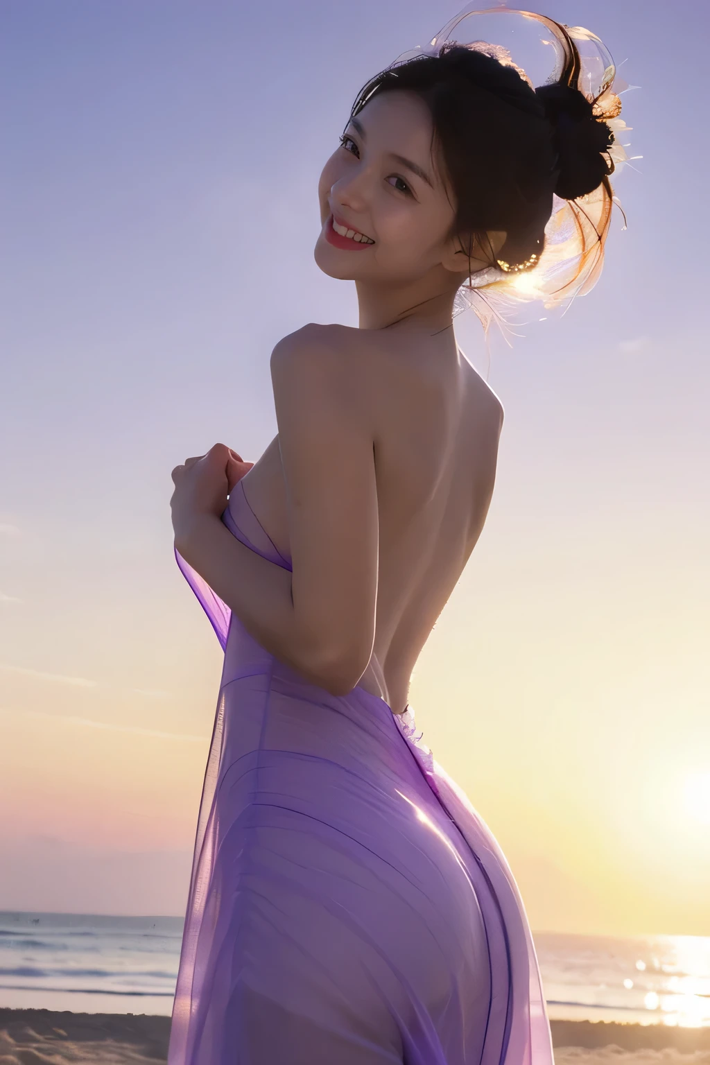 High resolution, (Official art, Beautiful and aesthetic: 1.2), Close View, Vast world, girl, Running, Refreshing smile, (No panties), ((Ultra transparent long light purple dress)), Distant horizon, natural beauty, inspiration, light effect, The camera takes pictures up close, (NSFW: 1.5), beach garden, various sexy poses forward and backward
