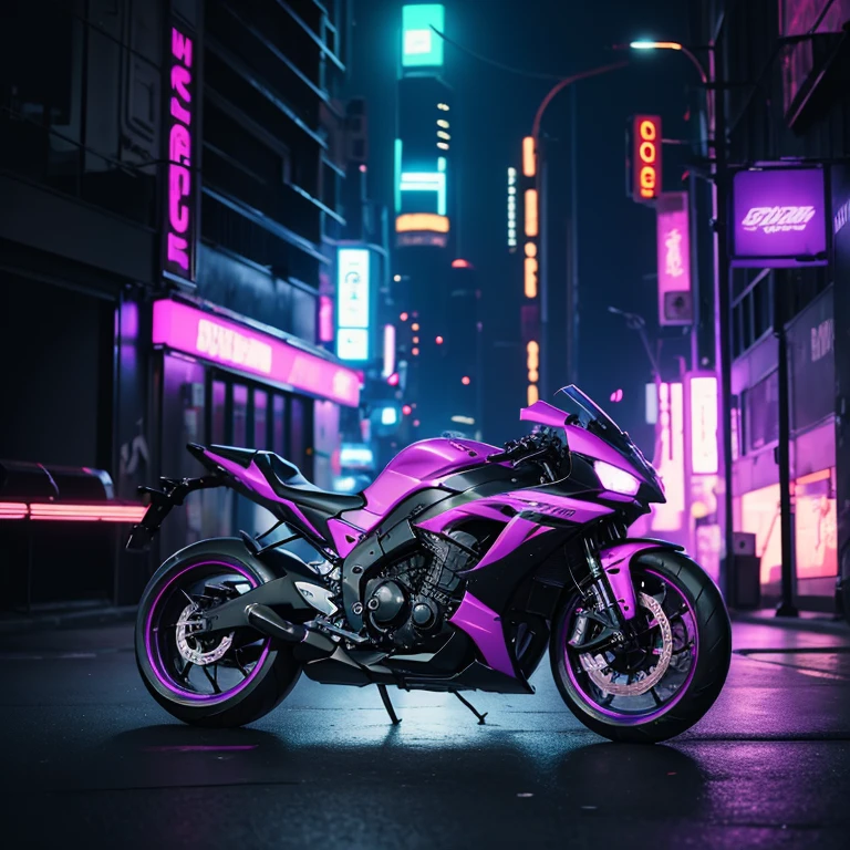 cyberpunk, sports motorcycle in cyberpunk style, 8k, the base of the bike is painted purple, the additional color is neon, the bike is on the city photo, neon lights,photorealistic