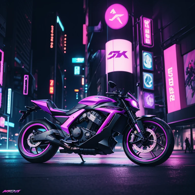 cyberpunk, sports motorcycle in cyberpunk style, 8k, the base of the bike is painted purple, the additional color is neon, the bike is on the city photo, neon lights,photorealistic