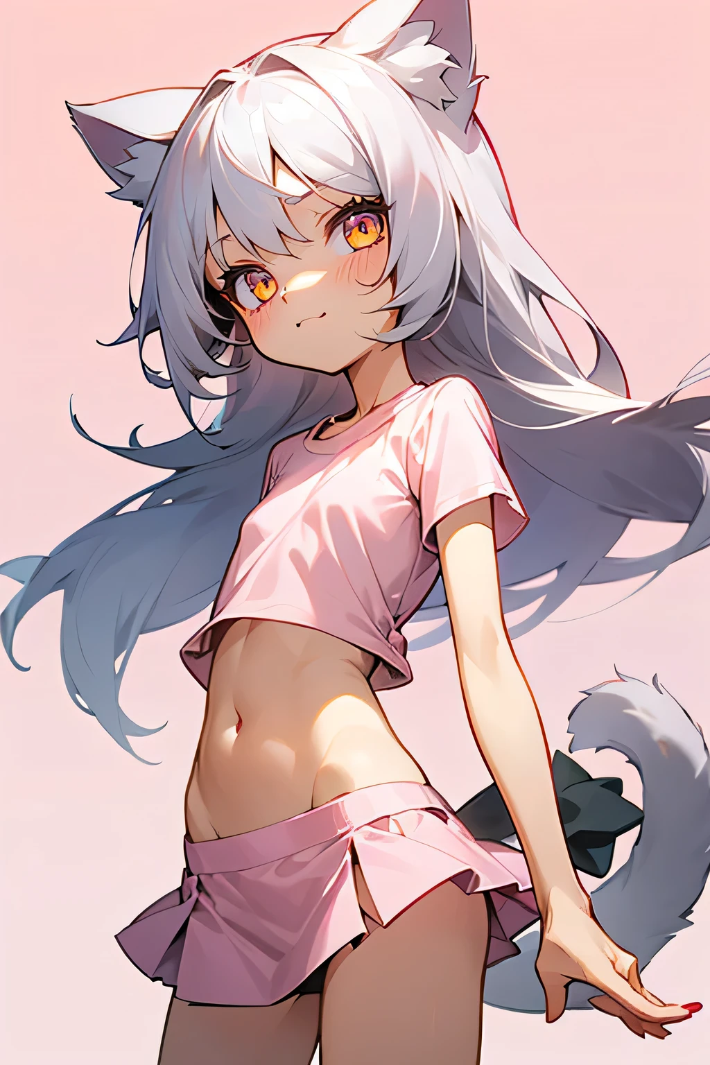 1girl, silver hair, golden eyes with pupils, ((skinny)), ((petite)), short, small, ((neko)), (cropped solid pastel pink tshirt), long hair, short skirt, (((kid))), cat ears, happy, blush, flat chest, midriff, at school, tummy