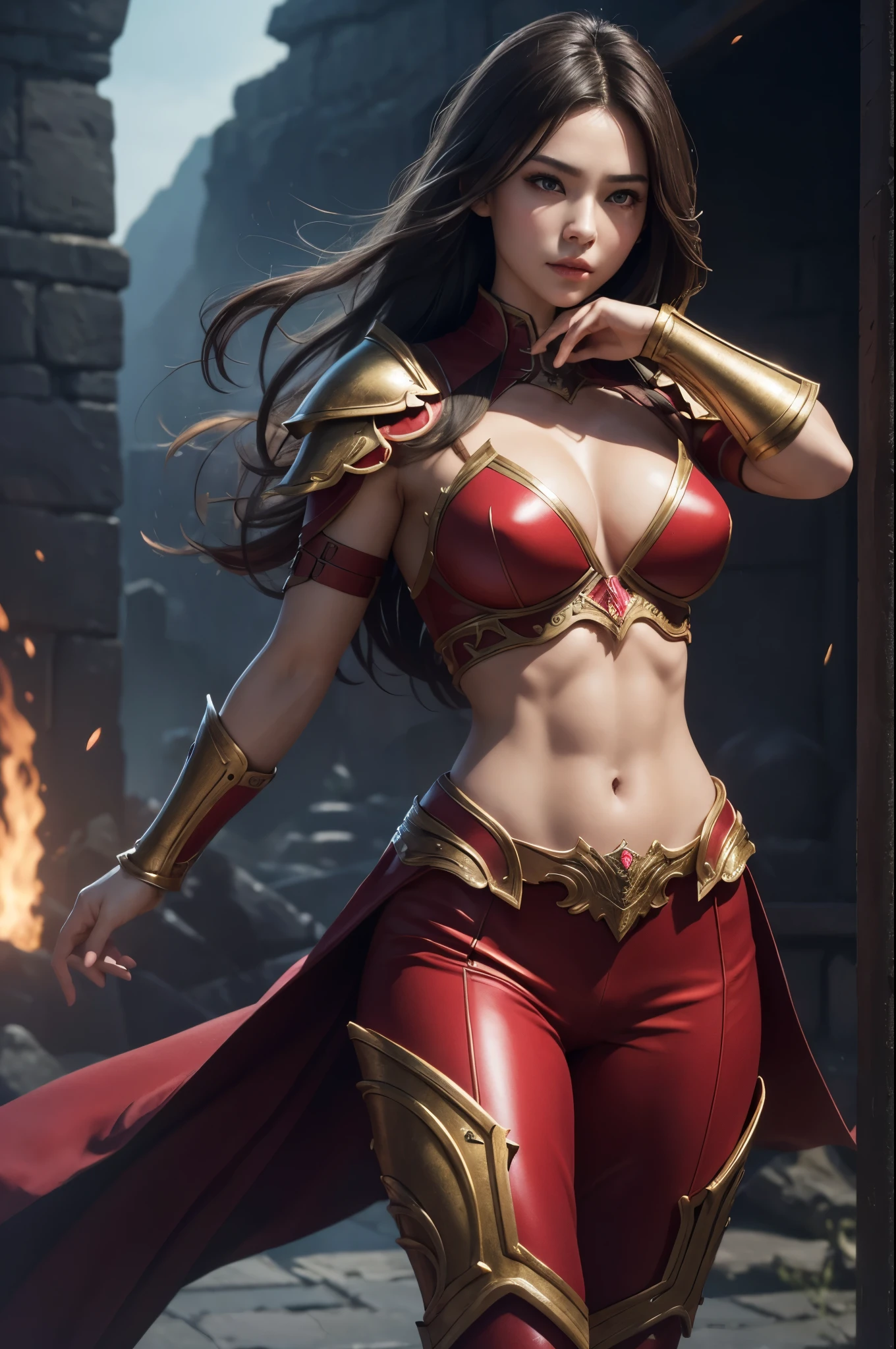 8k,Princess Warrior of the Battlefield,Luxurious red chest armor,so beautiful(Like the real thing),Perfect Anatomy,charm,Volume measurement,Body balance,super Realistic 肌,Digital single-lens reflex camera, Soft lighting, Highly detailed face, Highly detailed eyes, Lip, Detailed Background, Written boundary depth, Small breasts、Volumetric lighting, Sharp focus, Absurd, Realistic proportions, Excellent anatomy, (Realistic, 超Realistic:1.4), 16K HDR, dawn,A High Resolution,super Realistic 肌,Super beautiful expression,Fantasy art,Character Art,Wind effects:1.9、Cloud Effect:1.2、Full Rendering、Professional quality high resolution、Perfect contrast、Perfect lighting、Perfect composition、Perfect Skin、Perfect Fingers、Perfect breasts、Perfect Hair、Perfect Face、Realistic facial features,super highest quality,Slim figure,Perfect body line,Perfect hand shape,Anatomical body balance,Highly detailed face,Highly detailed eyes,Beautiful Lips,Excellent light particles,Cinema Lighting,Makeup,Ultra-high resolution,Ultra-Realistic Skin,Close-up of Princess Warrior,Dynamic pose,Hard and strong abs,Makeup,BATTLE MODE,Fighting Pose,red combat pants,