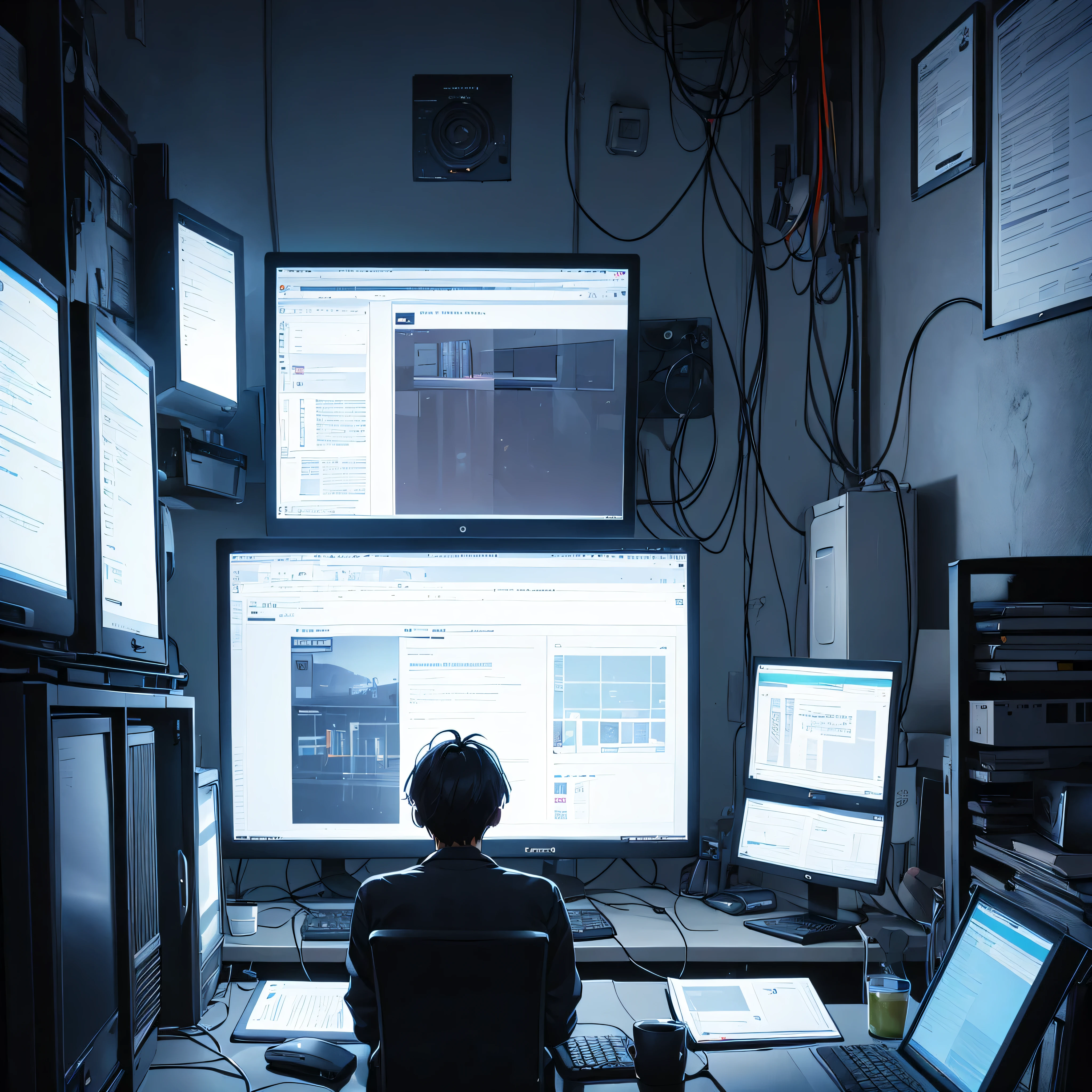 Single guy, Kapicheon, A very dark room, locked in a room, programs on a computer, looks at the monitor, 