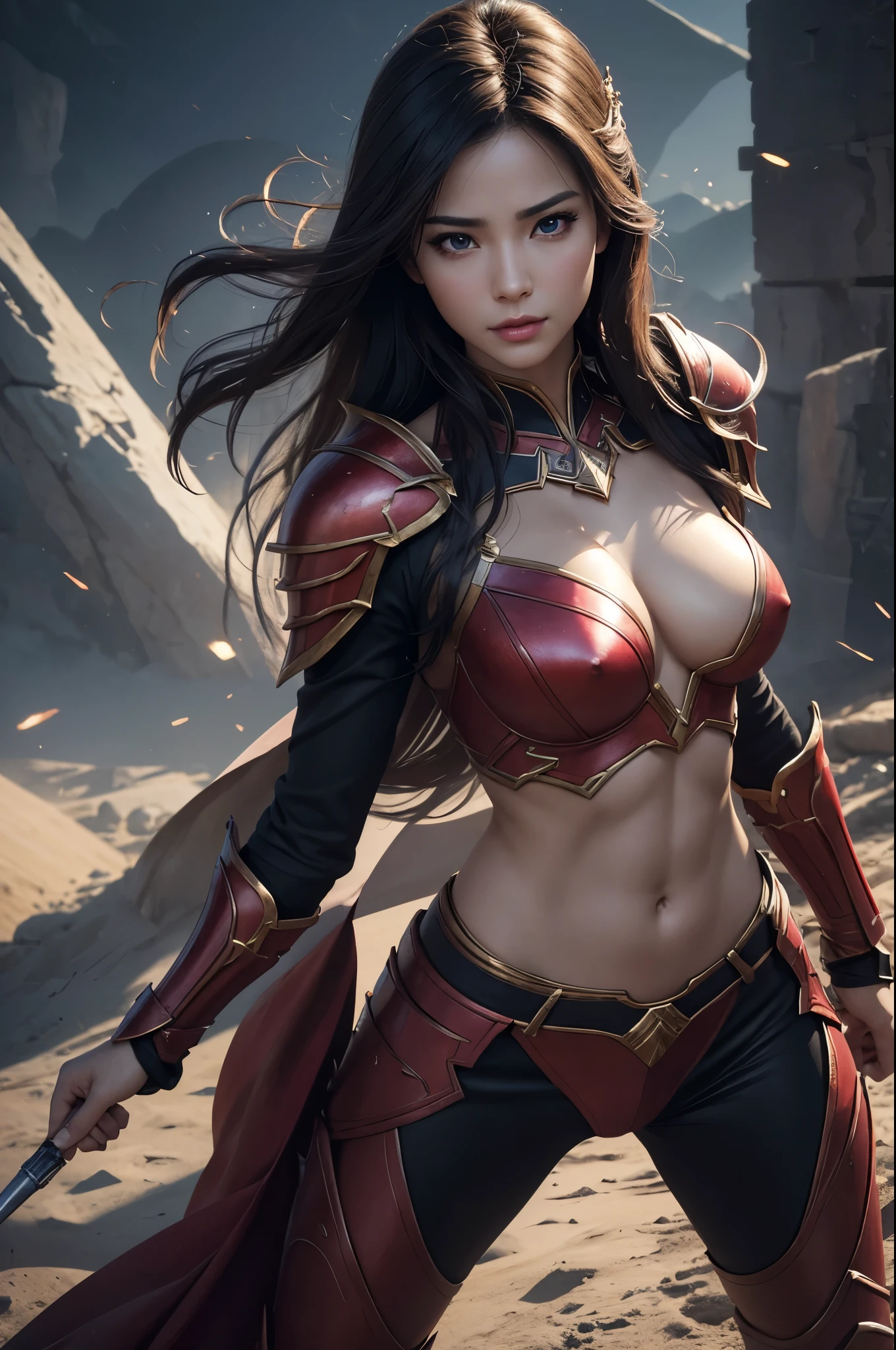 8k,Princess Warrior of the Battlefield,Luxurious red chest armor,so beautiful(Like the real thing),Perfect Anatomy,charm,Volume measurement,Body balance,super Realistic 肌,Digital single-lens reflex camera, Soft lighting,  Highly detailed face, Highly detailed eyes, Lip, Detailed Background, Written boundary depth, Small breasts、Volumetric lighting, Sharp focus, Absurd, Realistic proportions, Excellent anatomy, (Realistic, 超Realistic:1.4), 16K HDR, dawn,A High Resolution,super Realistic 肌,Super beautiful expression,Fantasy art,Character Art,Wind effects:1.9、Cloud Effect:1.2、Full Rendering、Professional quality high resolution、Perfect contrast、Perfect lighting、Perfect composition、Perfect Skin、Perfect Fingers、Perfect breasts、Perfect Hair、Perfect Face、Realistic facial features,super highest quality,Slim figure,Perfect body line,Perfect hand shape,Anatomical body balance,Highly detailed face,Highly detailed eyes,Beautiful Lips,Excellent light particles,Cinema Lighting,Makeup,Ultra-high resolution,Ultra-Realistic Skin,Close-up of Princess Warrior,Dynamic pose,Hard and strong abs,Makeup,BATTLE MODE,Fighting Pose,red combat pants,