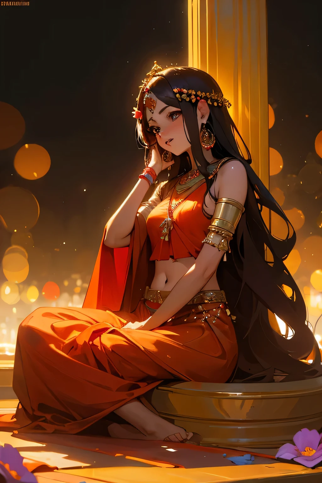 most beautiful in the world, tripursundari, fair, 16 years old girl, wearing reddish sari, reddish skin, golden hue aura, sitting on Shiva, wearing beautiful flower garland, photo realistic, 8k ultra defination, surrounded by flowers, bokeh, animated lighting