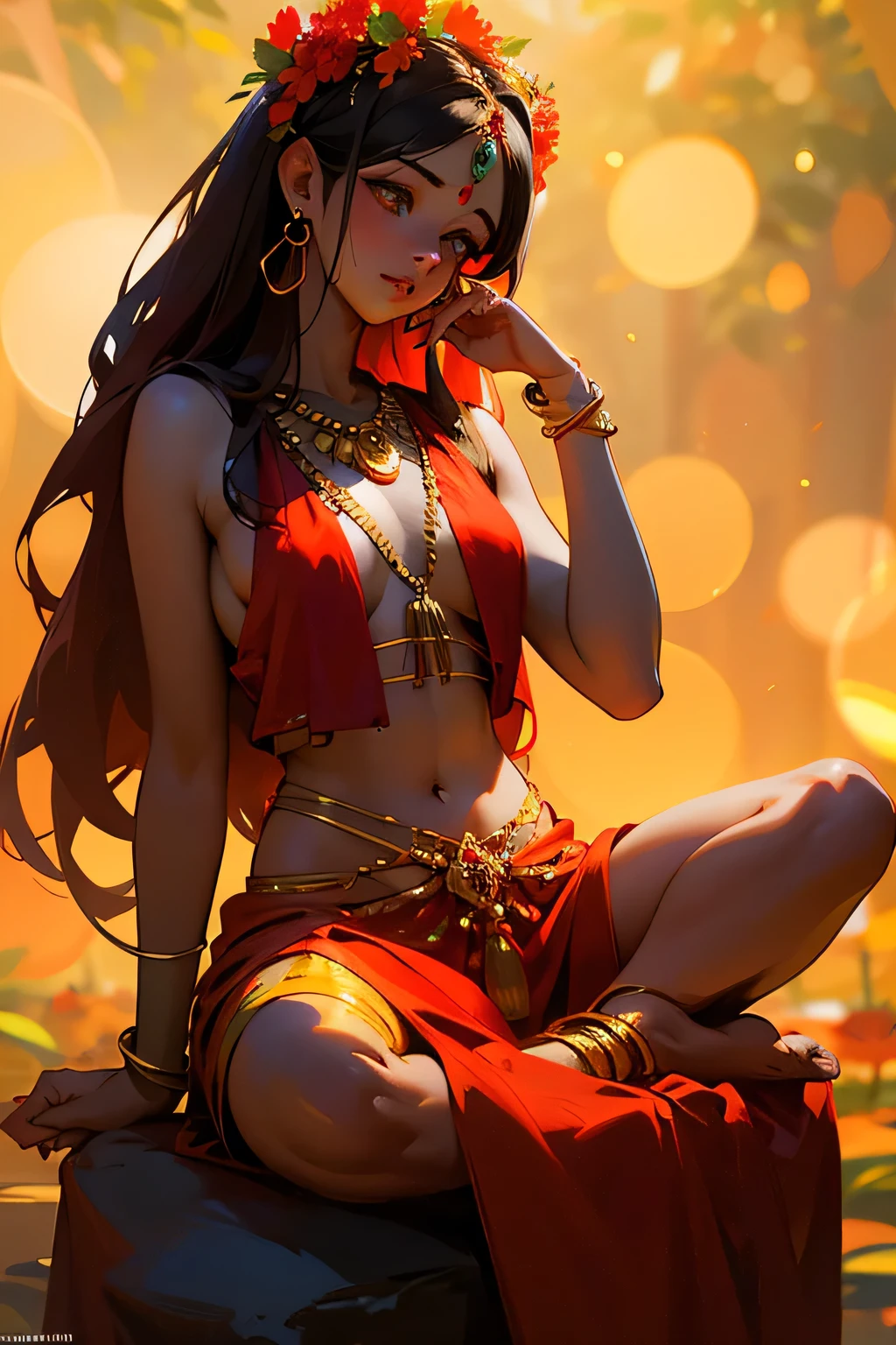 most beautiful in the world, tripursundari, fair,  girl, wearing reddish sari, reddish skin, golden hue aura, sitting on Shiva, wearing beautiful flower garland, photo realistic, 8k ultra defination, surrounded by flowers, bokeh, animated lighting