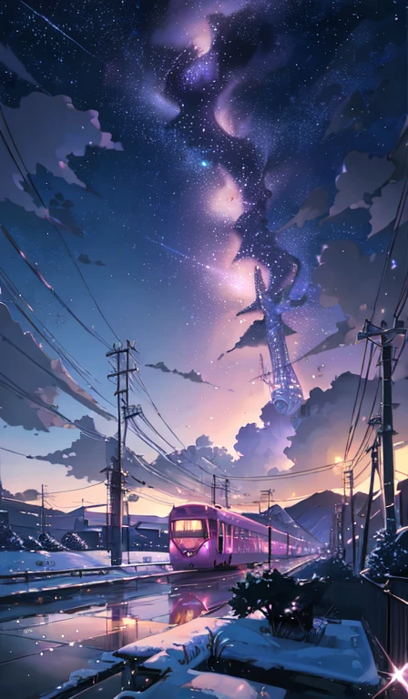 (((Estilo Makoto Shinkai)),pixiv,desenho de anime,alta qualidade,purple pink sky,bela cena),(universo,passagem de trem,magical realism,((Estilo Makoto Shinkai)) ::0.8), [Artistic atmosfera, atmosfera:0.8, starry sky, colinas, montanha de neve, sparkling water, grama, trees, smoke, estrelas, Low viewing angle, Specular dispersion,