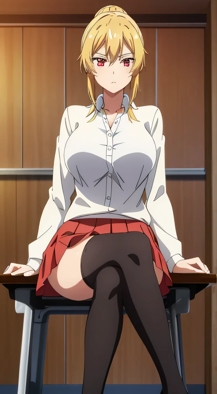 best quality, high resolution, 8K, anime art style, beautiful detailed eyes, extremely detailed face, soft expression, stylish pose, Angelica V4,1girl,solo,red eyes, (collared shirt, white shirt, miniskirt, panties,classroom, cowboy shot), looking at the audience, in the center of the image, beautiful large medium-sized breasts, beautiful face, slim waist, appealing, soft lighting,Crossing your legs, Sitting,tights