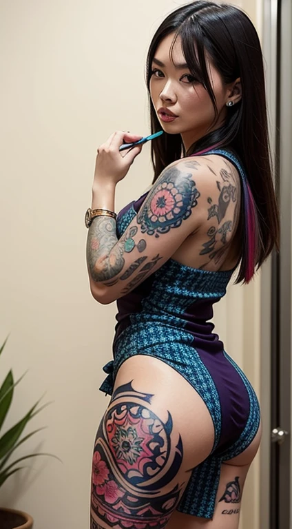 Asian WOMAN with a fully tattooed body with very colorful patterns((she is dressed))((entire body tattooed with intense color patterns))