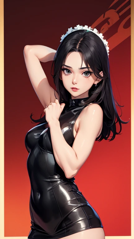 masterpiece, high quality, perfect face, perfect fingers, perfect anatomy, perfect arms, perfect legs, 1 female,black hair,25 years old, pretty woman, leather red tight dress, hot, seductive, spicy